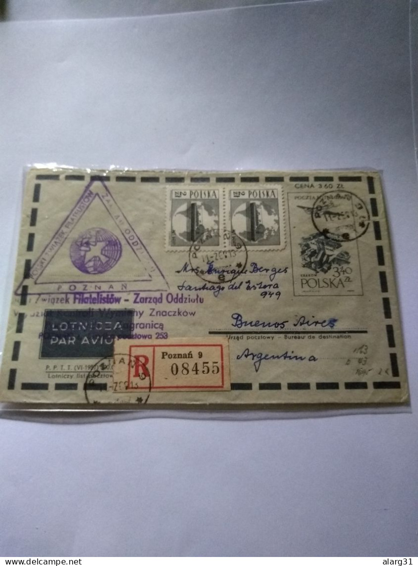 Quality Registered Air Postal Stat.cover.additional Ship Yv 1695.to Argentina . Poznan 1969.e7 Reg Post Conmems. - Flugzeuge