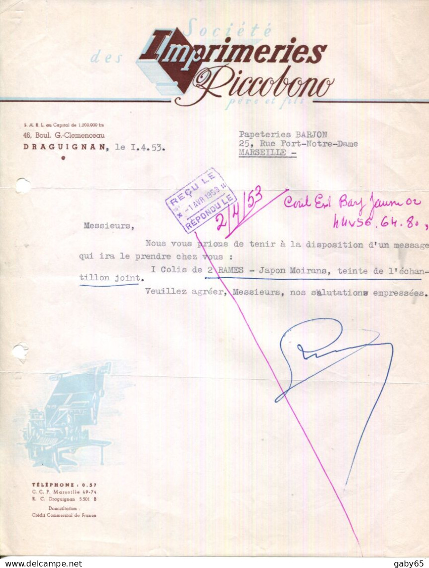 FACTURE.83.DRAGUIGNAN.SOCIETE DES IMPRIMERIES RICCOBONO 46 BOULEVARD GEORGES CLEMENCEAU. - Printing & Stationeries