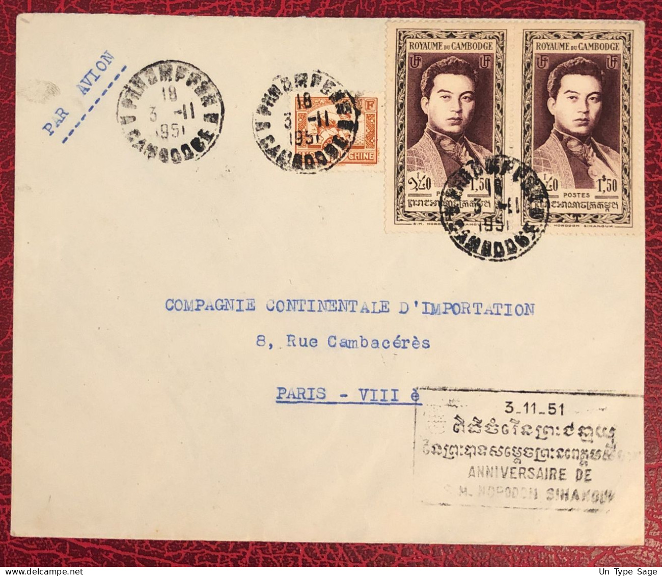 Cambodge, Divers (1ère émission) Mixte INDOCHINE Sur Enveloppe TAD Phnom Penh 3.11.1951 Pour Paris - (B1659) - Kambodscha