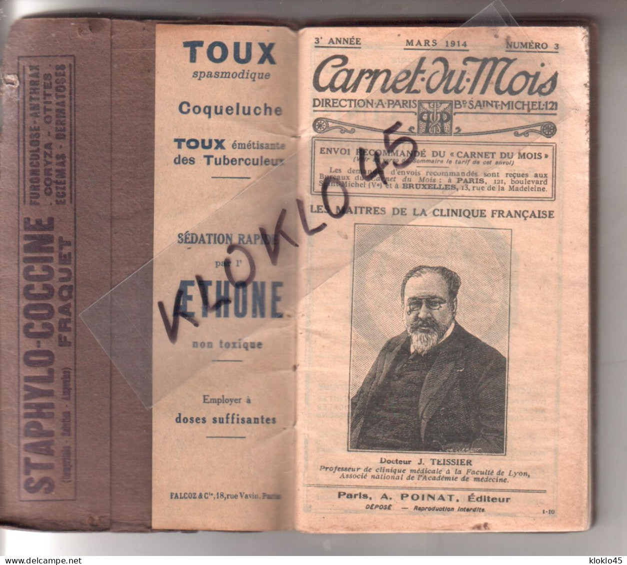 Agenda Calendrier De Docteur Du Loiret MARS 1914 Carnet Rendez Vous Des Patients Le Moulinet , Thimory , Montereau ... - Kleinformat : 1901-20