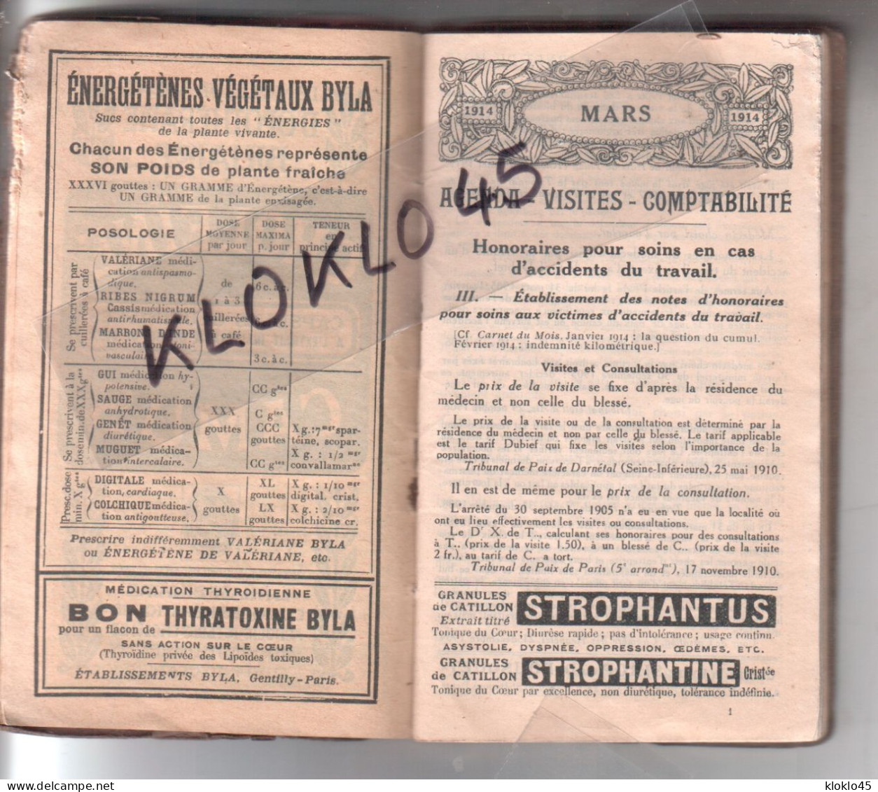 Agenda Calendrier De Docteur Du Loiret MARS 1914 Carnet Rendez Vous Des Patients Le Moulinet , Thimory , Montereau ... - Small : 1901-20