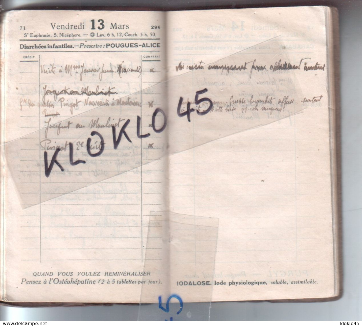 Agenda Calendrier de Docteur du Loiret MARS 1914 carnet rendez vous des patients Le Moulinet , Thimory , Montereau ...