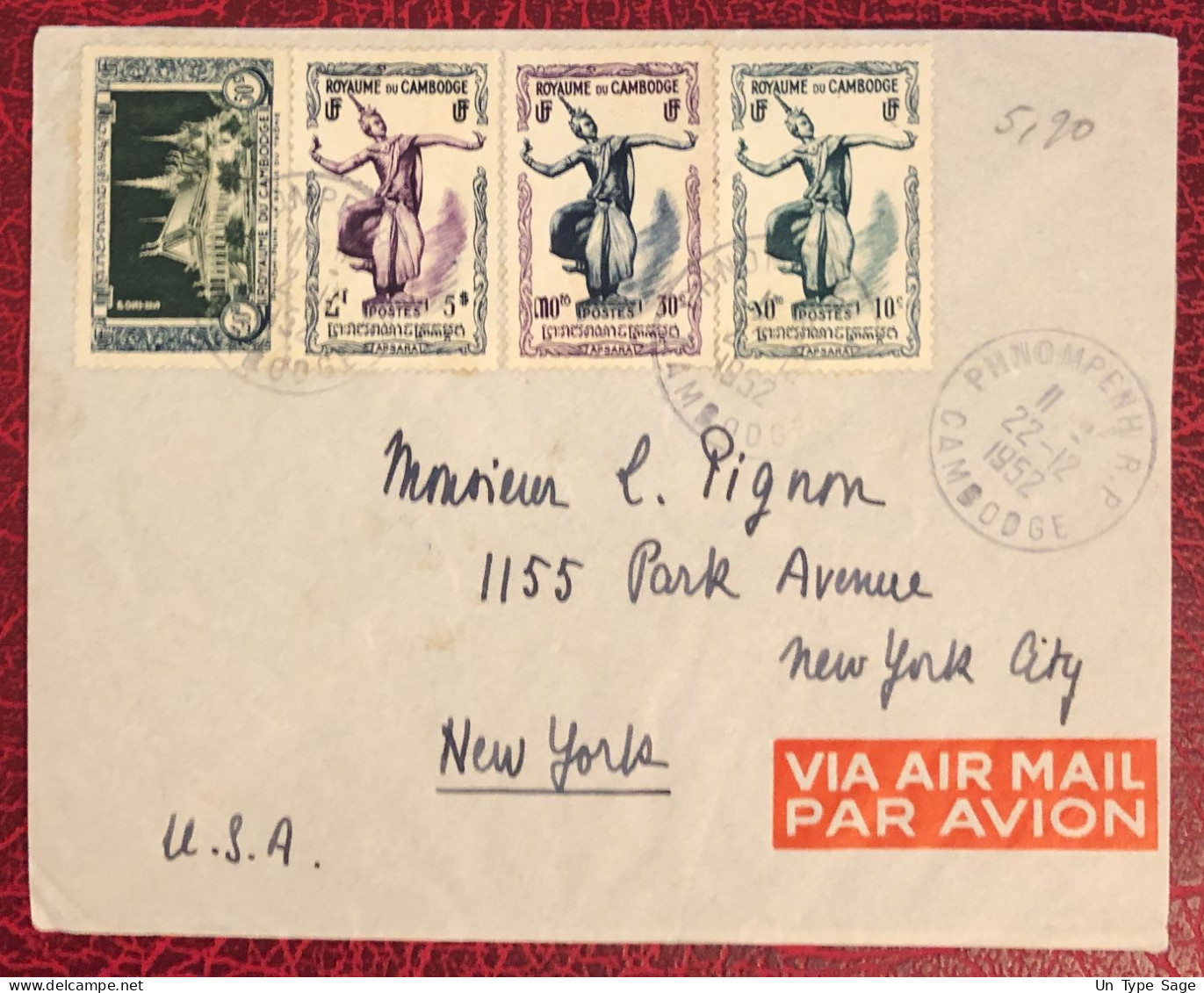 Cambodge, Divers (1ère émission) Sur Enveloppe TAD Phnom Penh 22.12.1952 Pour New York - (B1683) - Cambodia