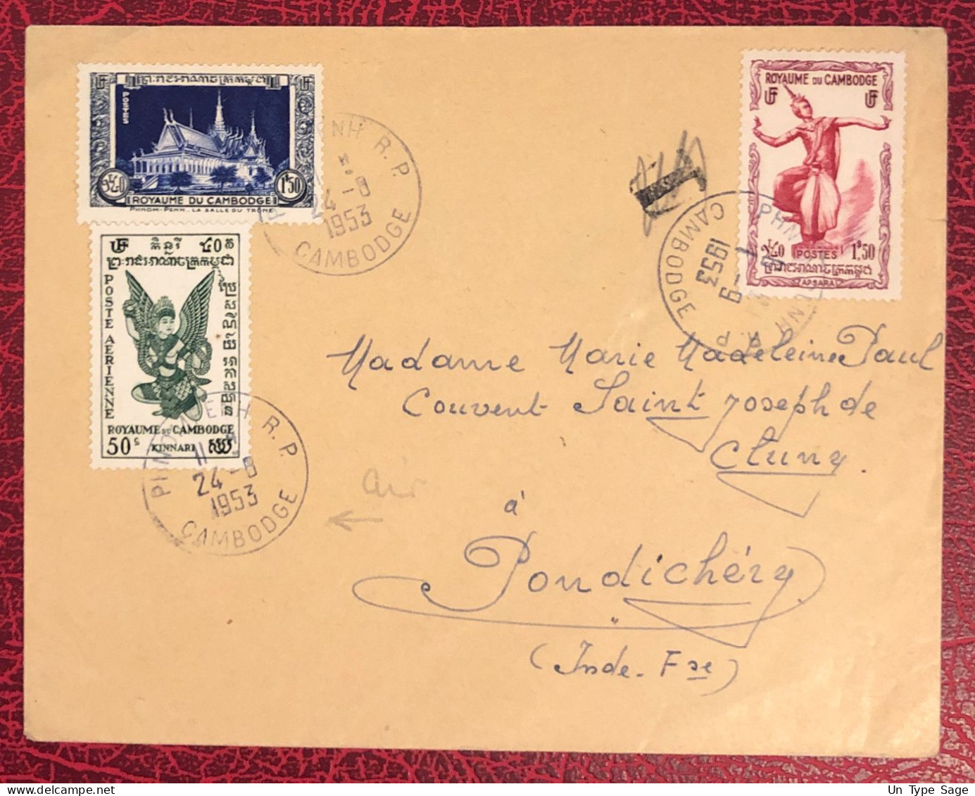 Cambodge, Divers (1ère émission) Sur Enveloppe TAD Phnom Penh 24.8.1953 Pour Pondichery - Taxe Annulée - (B1689) - Cambodia