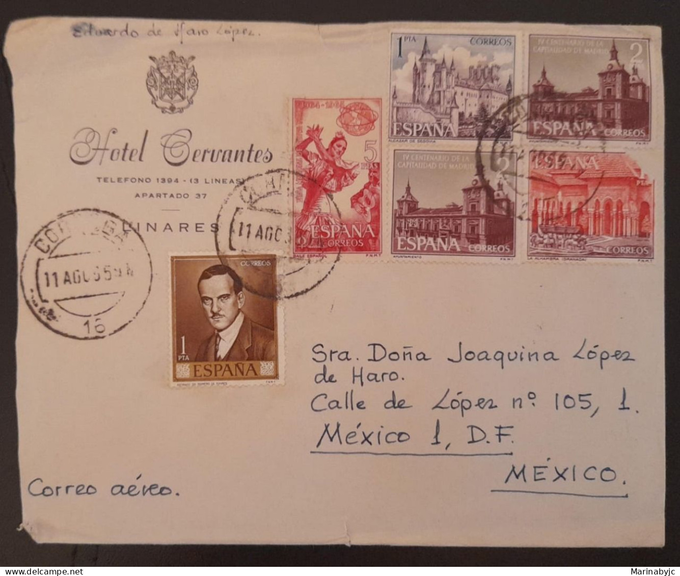 SD)1965, SPAIN, COVER FROM SPAIN TO MEXICO, AIR MAIL, HOTEL CERVANTES - Steuermarken/Dienstmarken