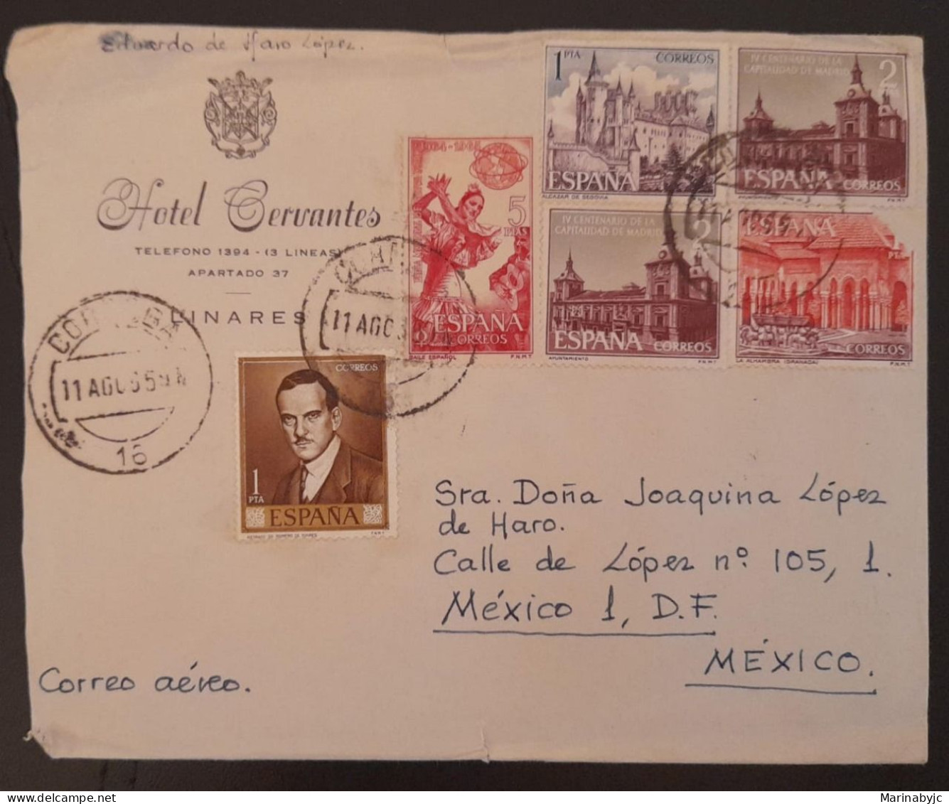 SD)1965, SPAIN, COVER FROM SPAIN TO MEXICO, AIR MAIL, HOTEL CERVANTES - Fiscal-postal