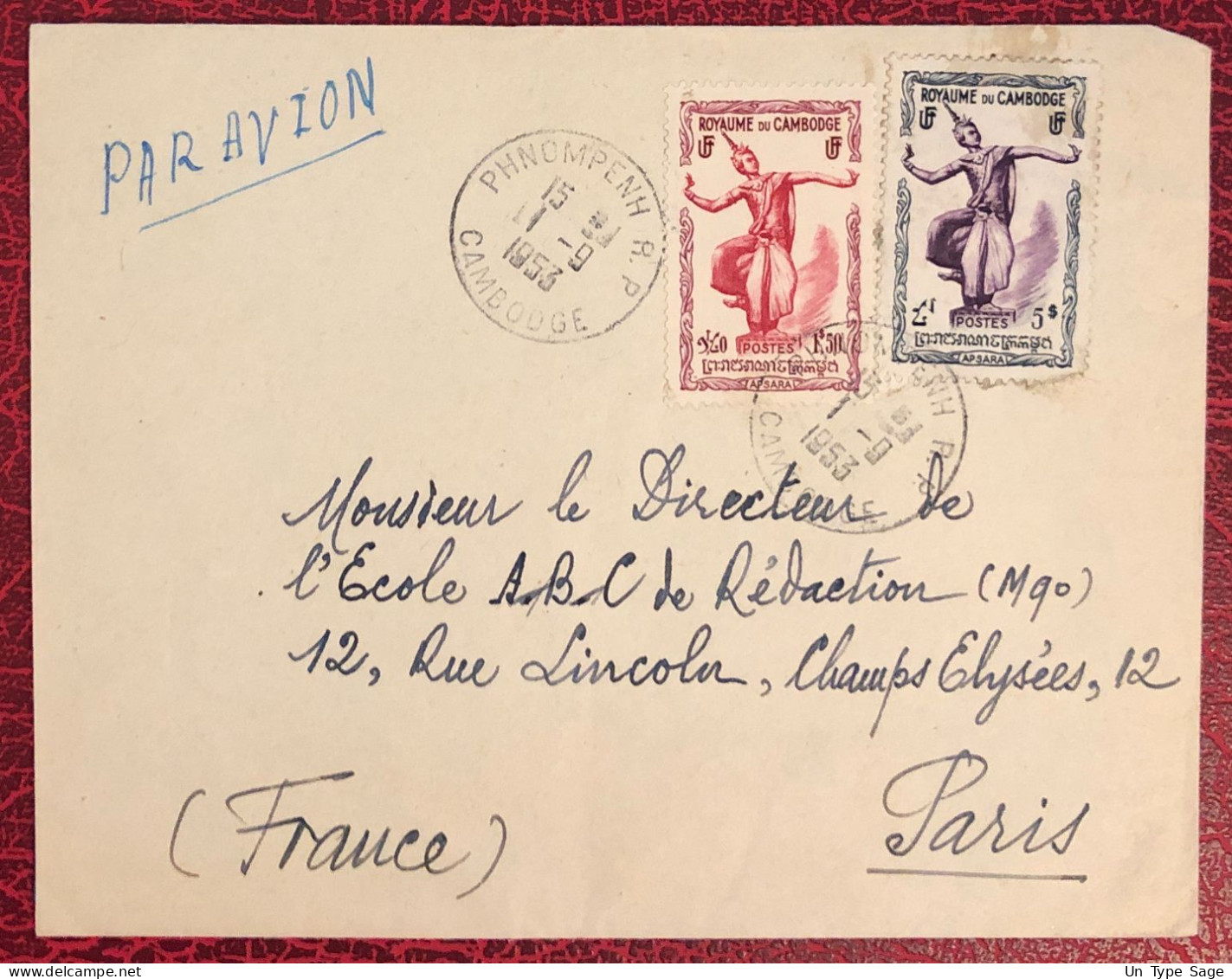 Cambodge, Divers (1ère émission) Sur Enveloppe TAD Phnom Penh 1.9.1953, Pour La France - (B1724) - Cambodia