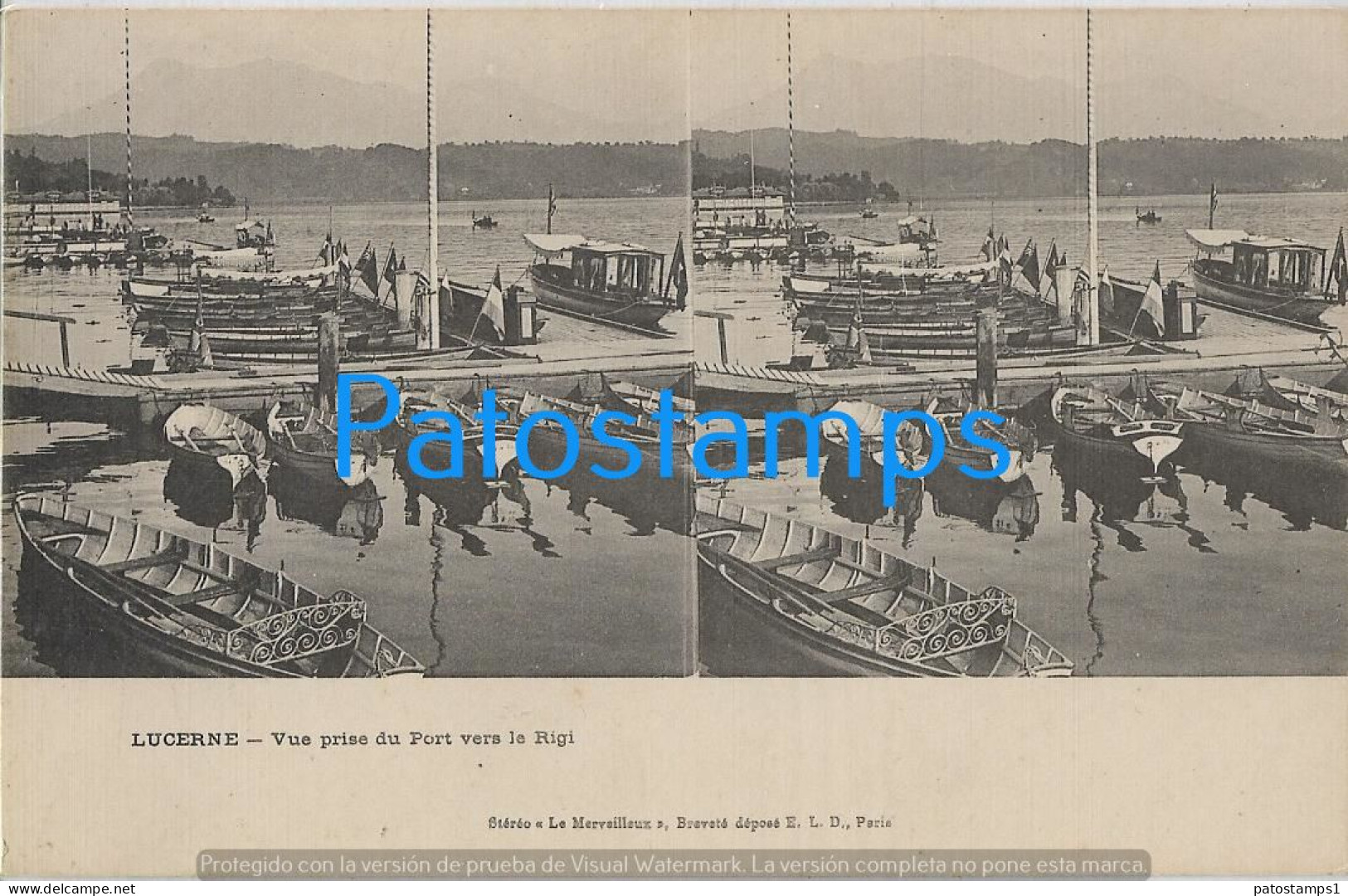214025 SWITZERLAND LUCERNE VIEW OF PORT & BOAT STEREO VIEW POSTAL POSTCARD - Port