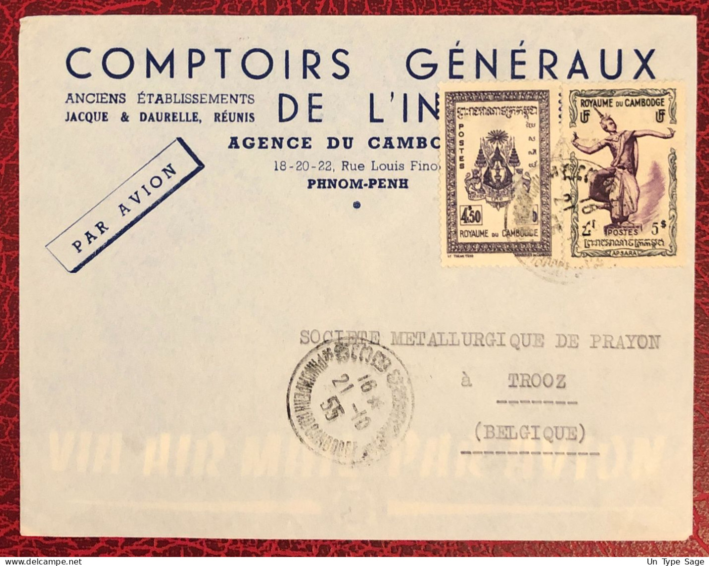 Cambodge, Divers (1ère émission) Sur Enveloppe TAD Phnom Penh 21.10.1955, Pour La France - (B1732) - Cambodia