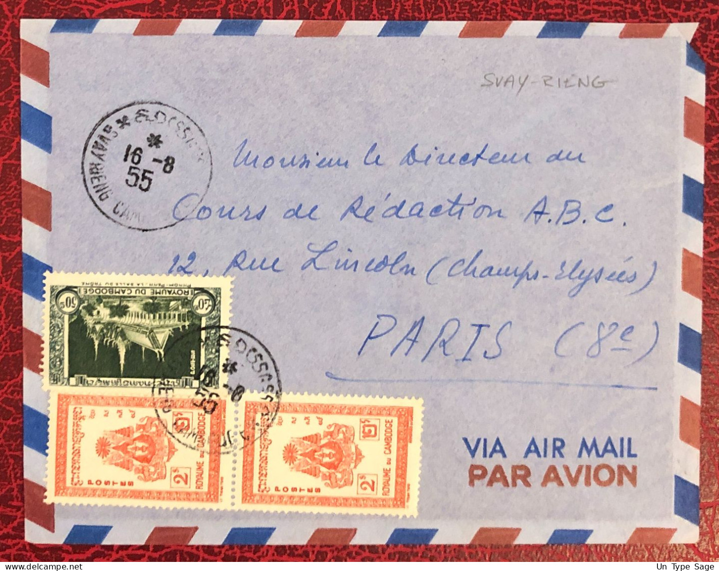 Cambodge, Divers (1ère émission) Sur Enveloppe TAD Svay-Rieng 16.8.1955, Pour La France - (B1734) - Kambodscha