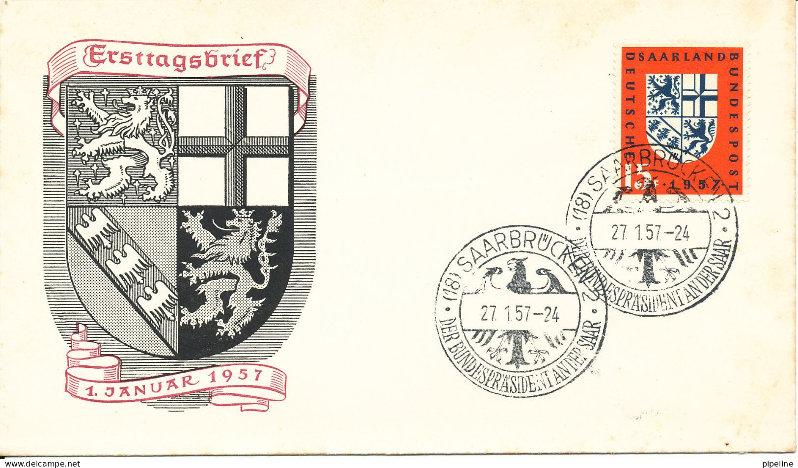 Saar FDC Postcard Saarbrücken 1-1-1957 Eingliederung Des Saarlandes In Die Bundesrepublik With Cachet - FDC