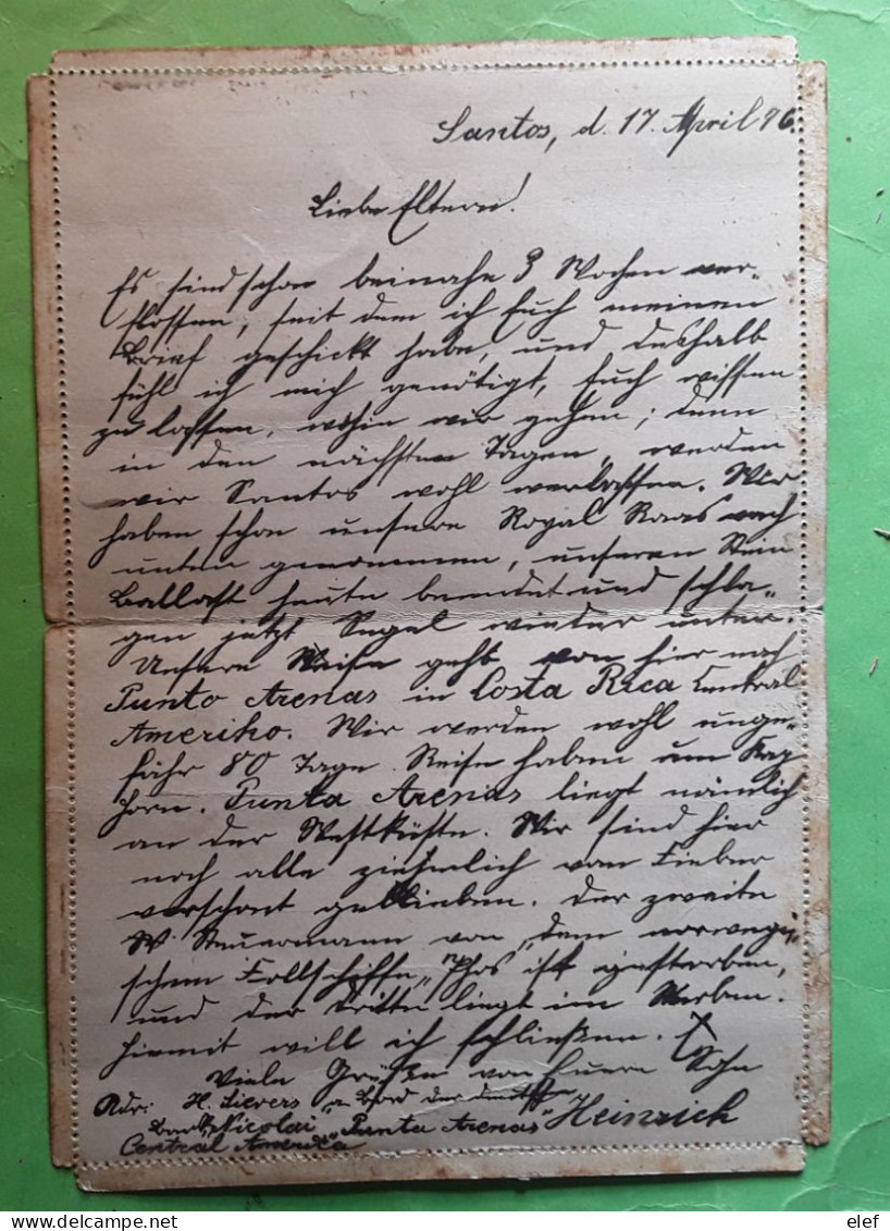 Carta Bilhete SANTOS Brasil,  H.SIEVERS,  J H Nicolai Punta Arenas, Ambulante CACHOEIRA,Deutsches Postamt,1896 > Kiel TB - Entiers Postaux