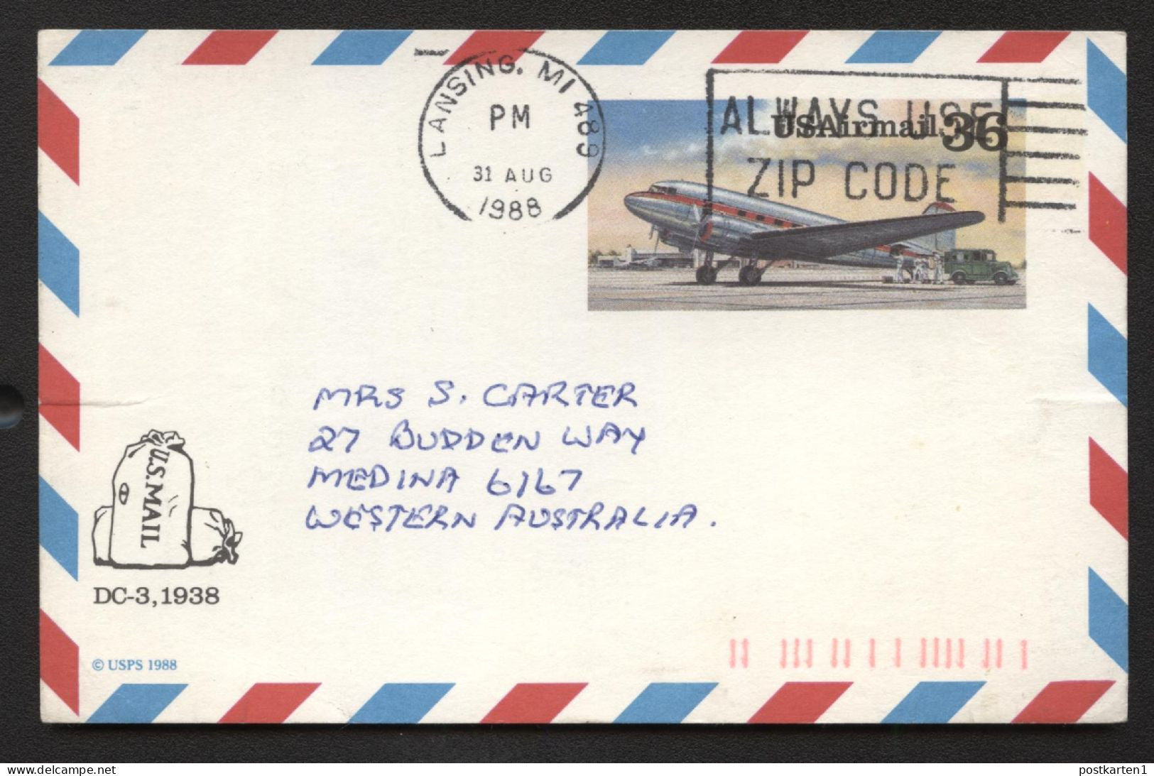 UXC24 Air Mail Postal Card NONPHILATELIC Used Lansing MI To AUSTRALIA 1988 Cat.$28.00 - 1981-00