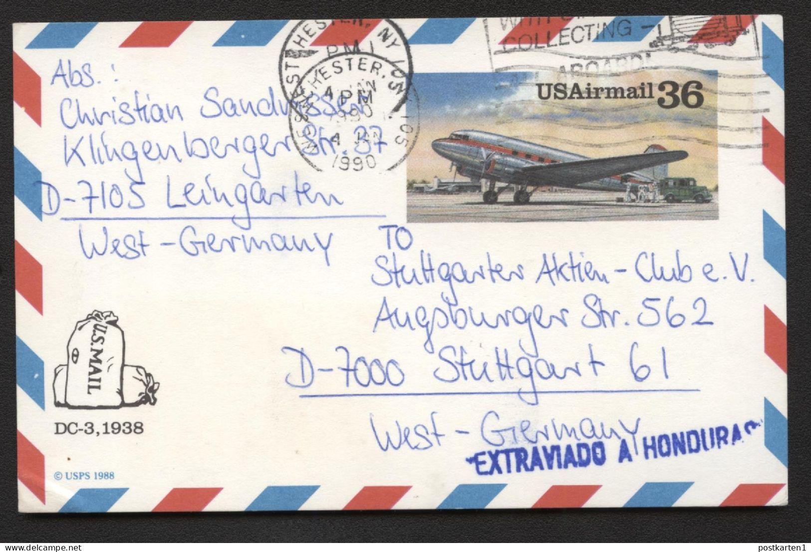 UXC24 Air Mail Postal Card Used Westchester NY To Germany 1990 MISDIRECTED TO HONDURAS - 1981-00