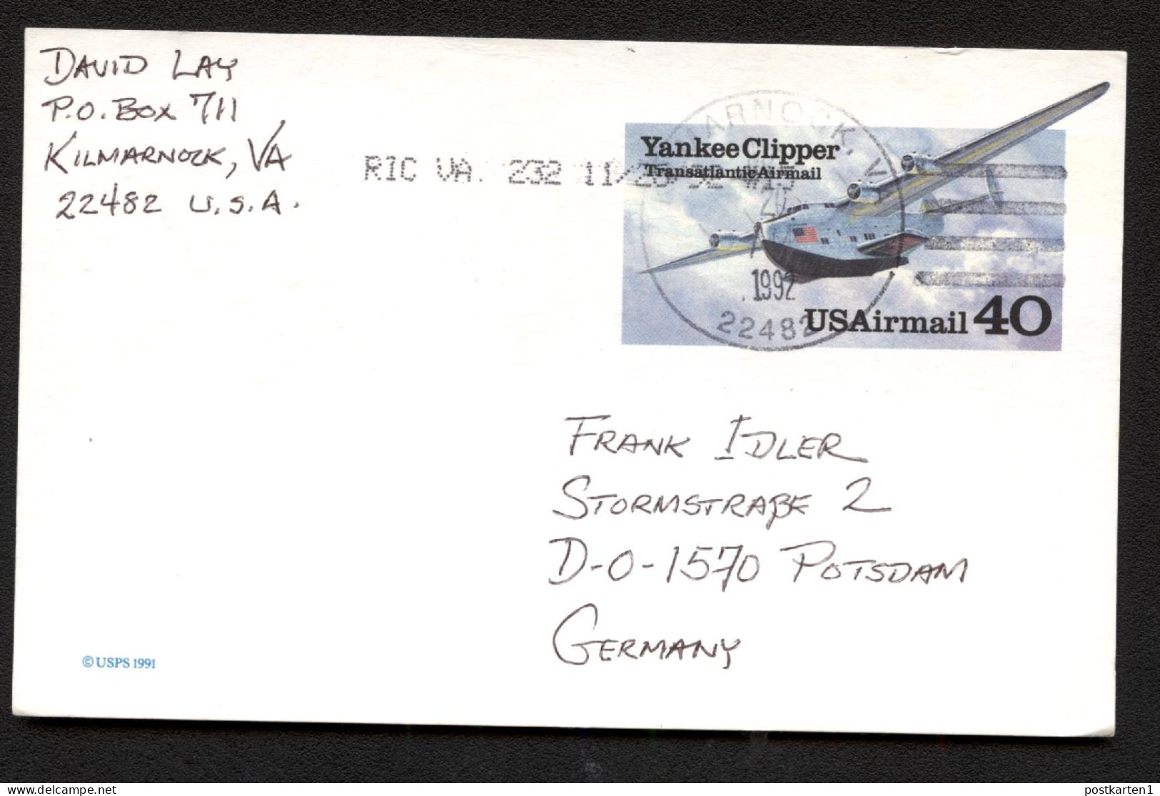 UXC25 Air Mail Postal Card NONPHILATELIC Used Kilmarnock VA To GERMANY 1992 Cat.$28.00 - 1981-00