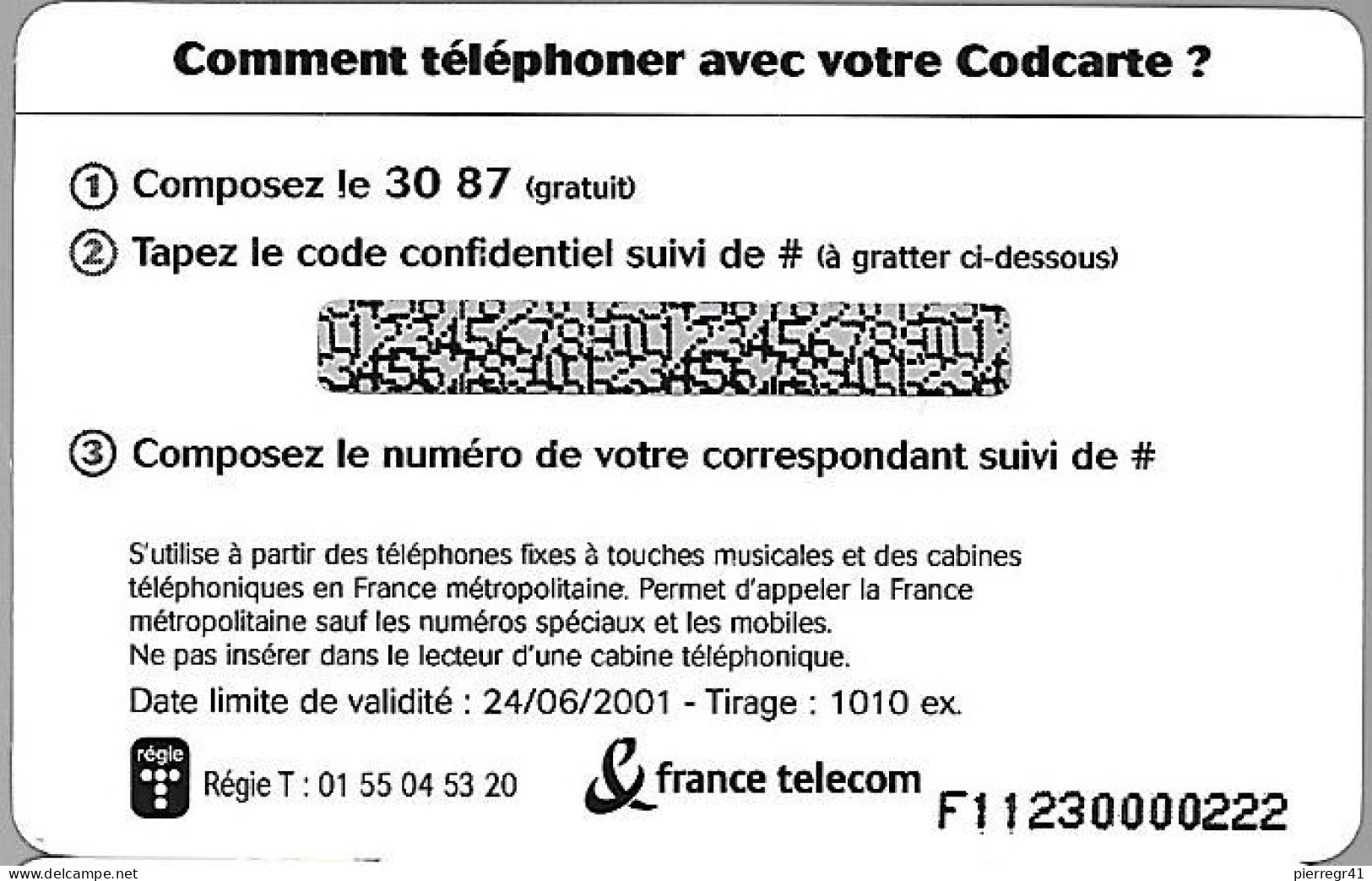CODECARD-FT-3MN-GRATUITES -RENAULT CLIO-24/06/2001-1010 Ex-T BE - Billetes FT