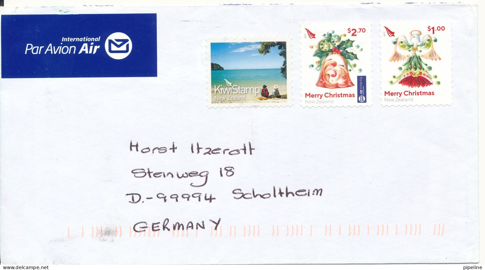 New Zealand Cover Sent To Germany 2017 Kiwi Stamp And Christmas Stamps But No Postmark On Cover Or Stamps - Cartas & Documentos