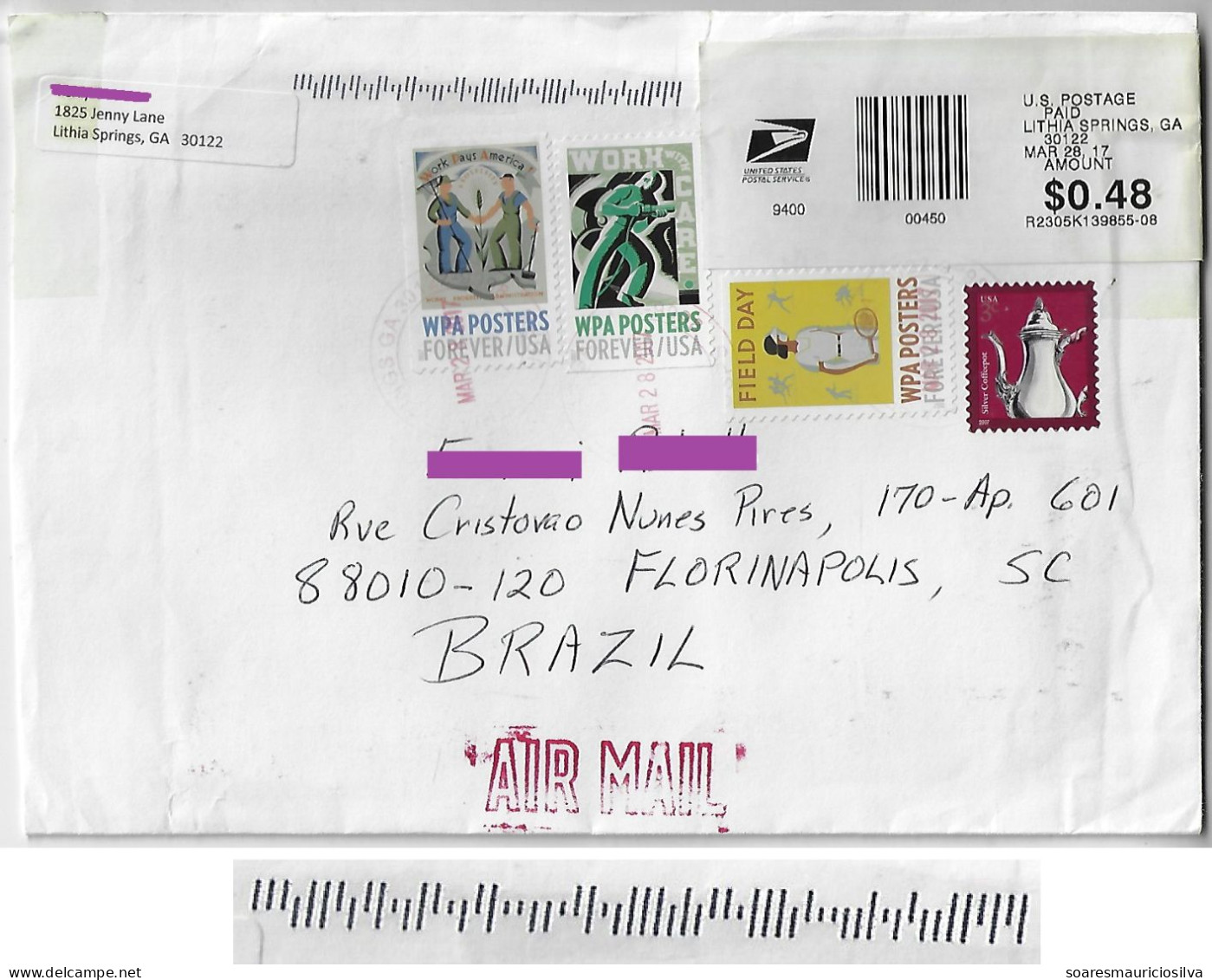 USA 2017 Airmail Cover Lithia Springs To Brazil Stamp Silver Coffeepot Work Projects Administration Poster Meter Stamp - Covers & Documents