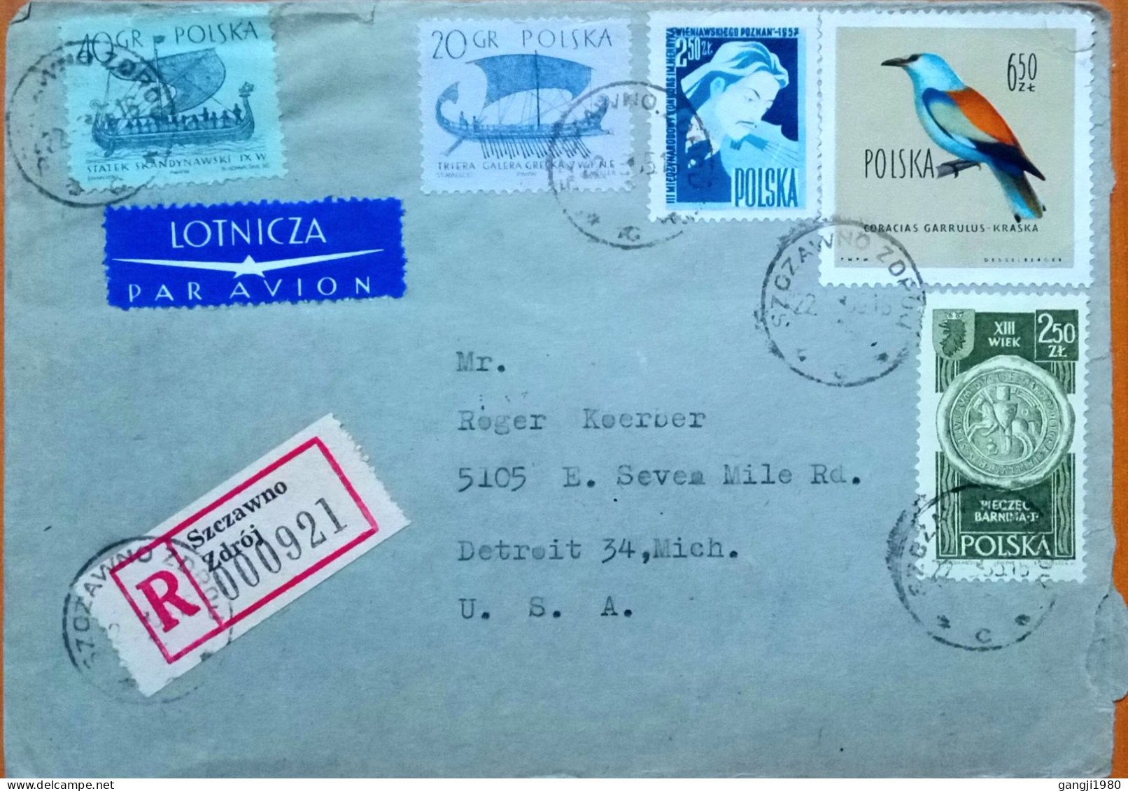 POLAND1962, REGISTER COVER, USED TO USA, SHIP, BIRD, 5 DIFFERENT STAMP, SZCZAWNO ZDROJ TOWN & DETROIT CITY CANCEL - Lettres & Documents