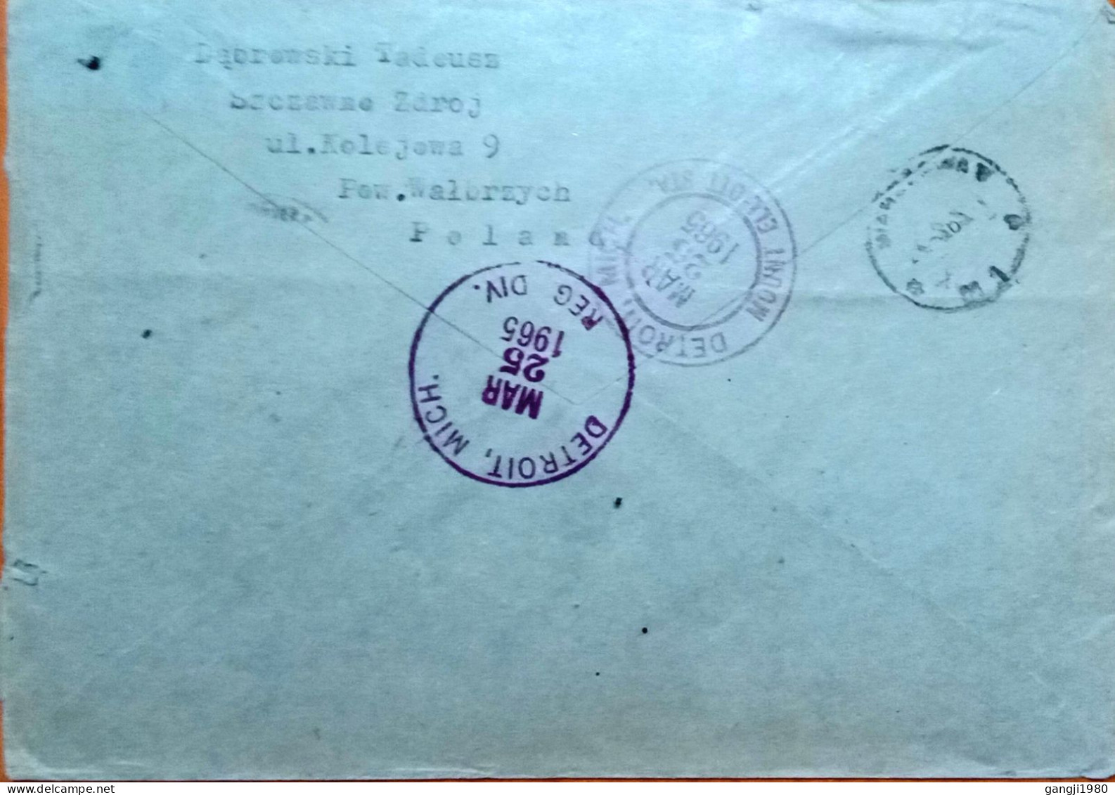 POLAND1962, REGISTER COVER, USED TO USA, SHIP, BIRD, 5 DIFFERENT STAMP, SZCZAWNO ZDROJ TOWN & DETROIT CITY CANCEL - Covers & Documents