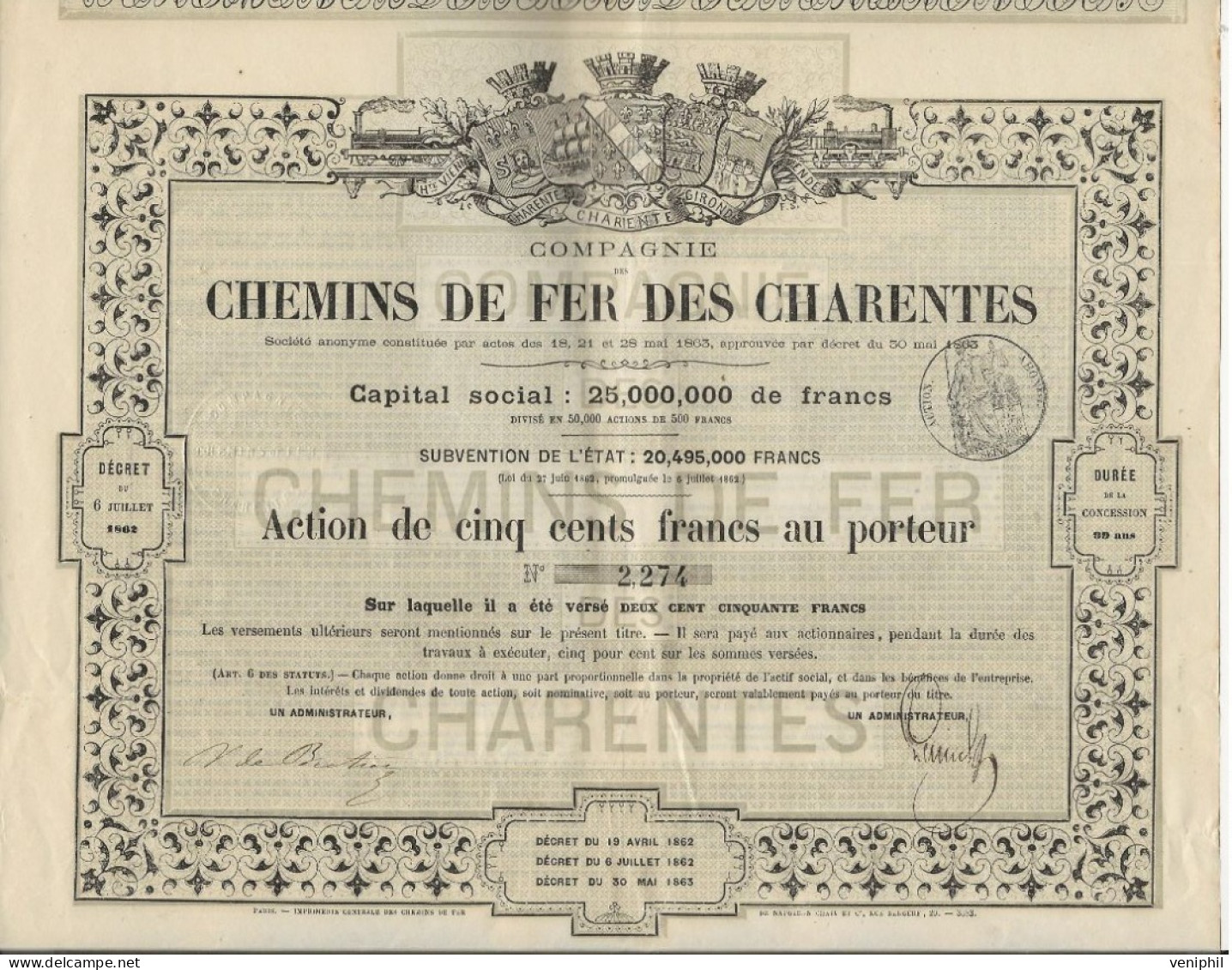 COMPAGNIE CHEMINS DE FER DES CHARENTES - ACTION DE CINQ CENT FRANCS -ANNEE 1862 - Spoorwegen En Trams