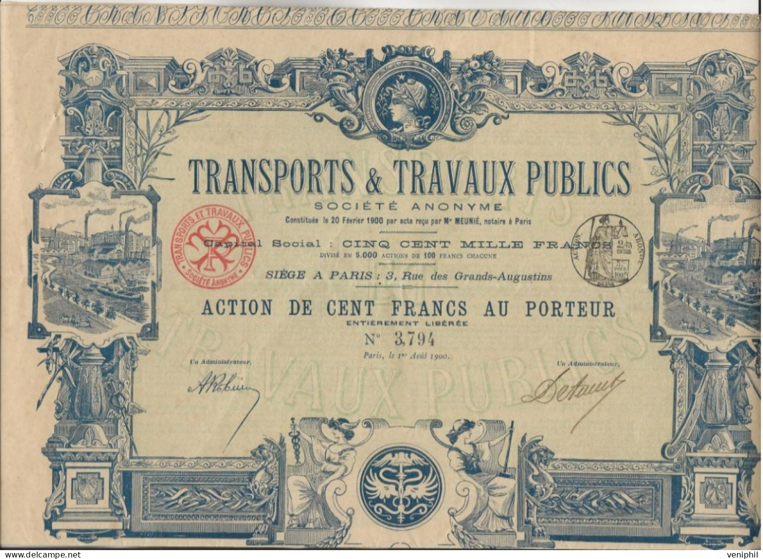 TRANSPORTS ET TRAVAUX PUBLICS - BELLE ACTION DE 100 FRS ILLUSTREE - ANNEE 1900 - Transports