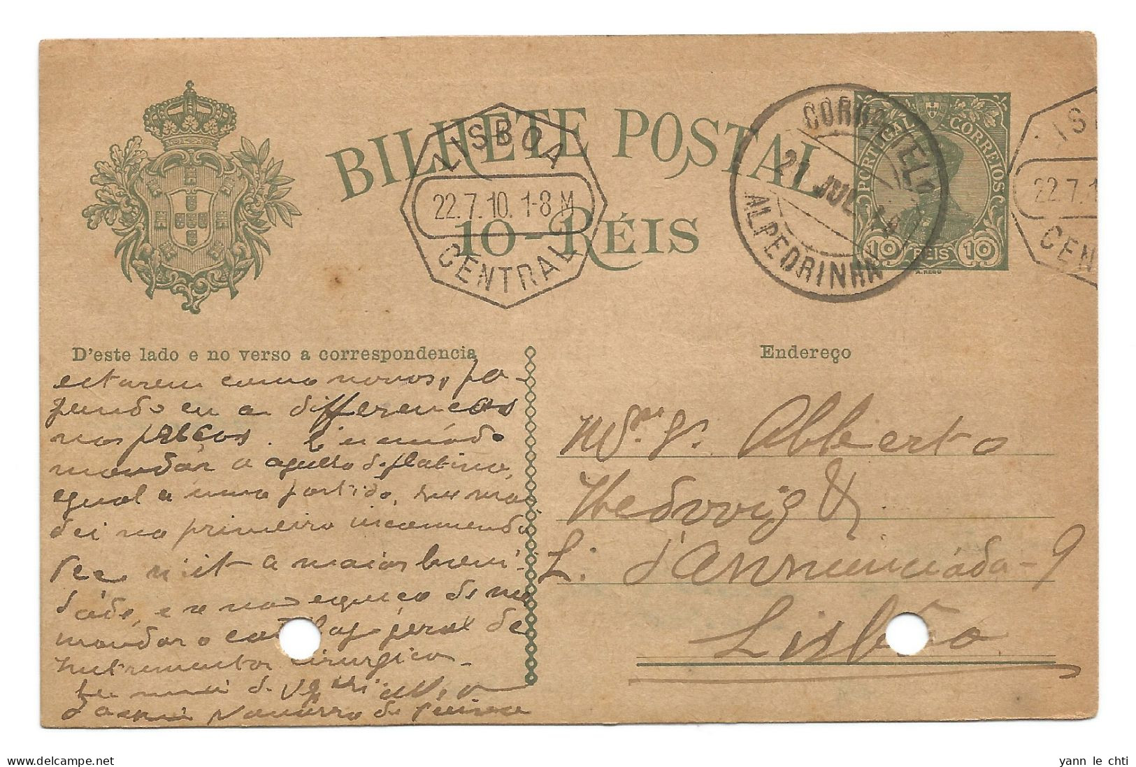 Bilhete Postal 10 Reis 1910 Lisboa Central Lisbone Portugal Vers Alpedrinha - Briefe U. Dokumente