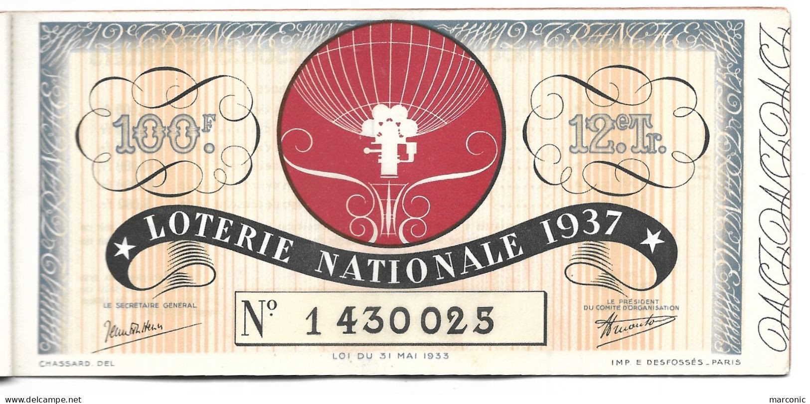 Carnet 9 Billets De Loterie Nationale 1937, 12e Tranche - Billets De Loterie