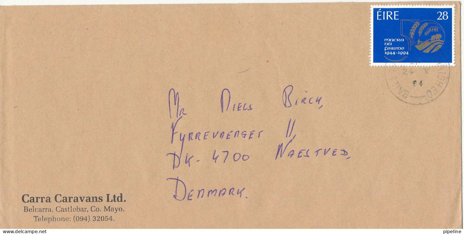 Ireland Cover Sent To Denmark 24-5-1994 Single Franked - Lettres & Documents