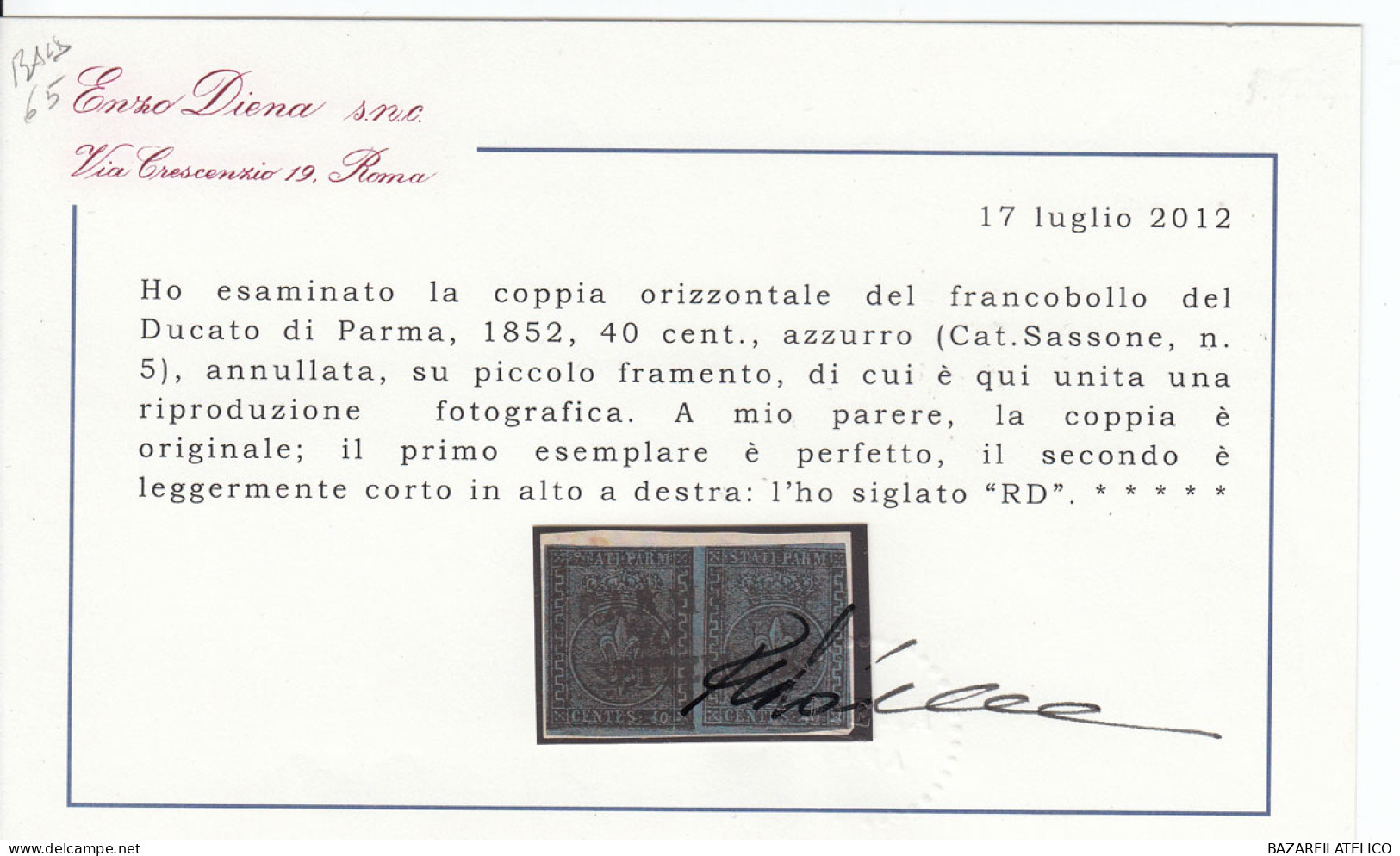 PARMA 1852 40 CENTESIMI COPPIA SU FRAMMENTO USATA CERTFICATA DIENA - Parma