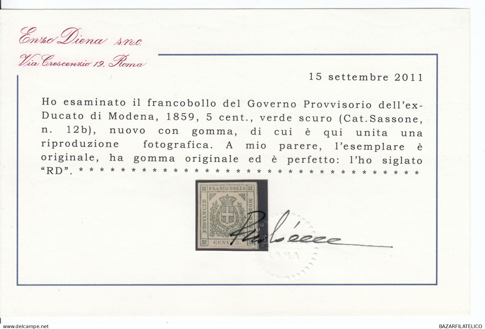 MODENA 1859 5 CENTESIMI VERDE SCURO N.12b G.O MH* FRESCHISSIMO CERTIFICATO DIENA - Modène