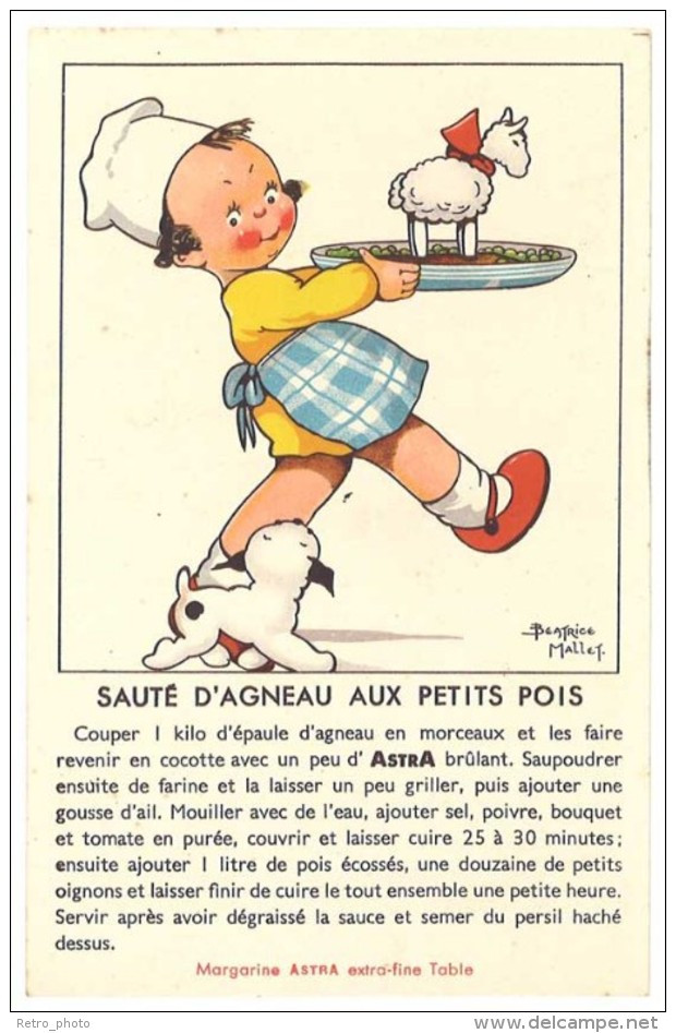 Cpa Margarine Astra Signée Béatrice Mallet : Recette Sauté D'agneau Aux Petits Pois ( Chien ) (PUB) - Publicité