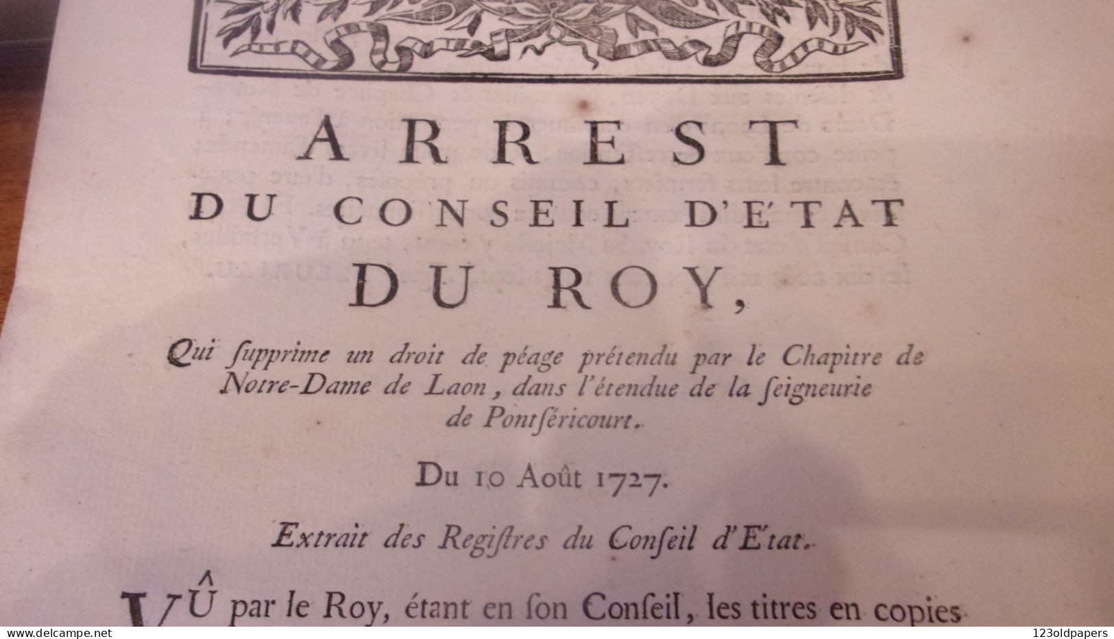 1751 SEIGNEURIE DE PONTSERICOURT ARREST CONSEIL ETAT DU ROY SUPPRIME DROIT PEAGE DU CHAPITRE DE ND DE LAON AISNE - Documenti Storici