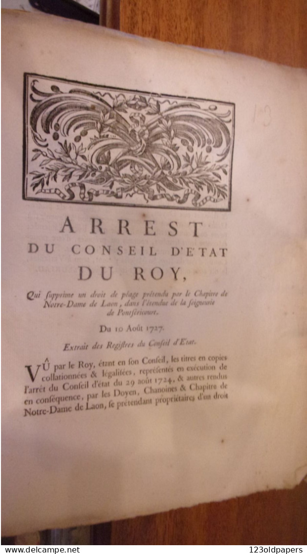 1751 SEIGNEURIE DE PONTSERICOURT ARREST CONSEIL ETAT DU ROY SUPPRIME DROIT PEAGE DU CHAPITRE DE ND DE LAON AISNE - Documents Historiques