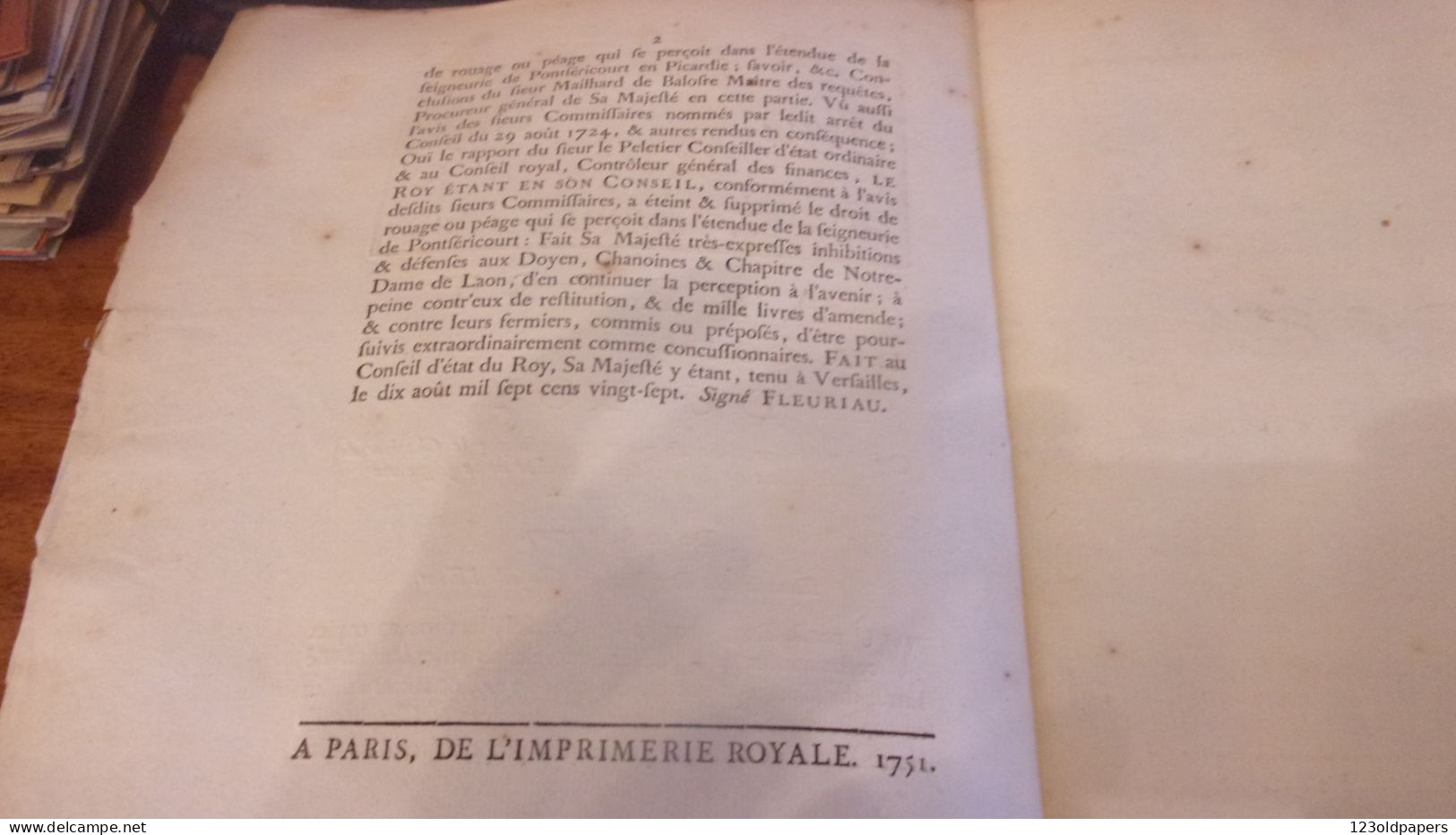 1751 SEIGNEURIE DE PONTSERICOURT ARREST CONSEIL ETAT DU ROY SUPPRIME DROIT PEAGE DU CHAPITRE DE ND DE LAON AISNE - Historische Dokumente