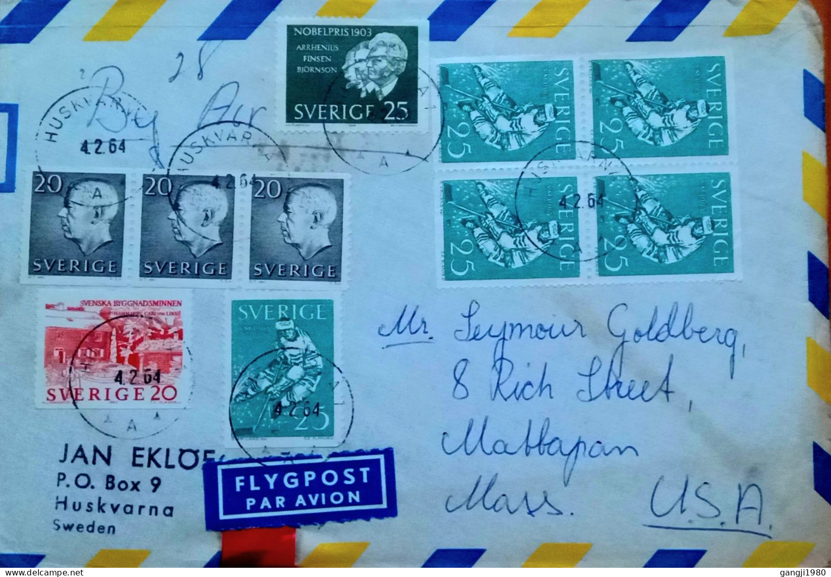 SWEDEN 1964, COVER USED TO USA, 10 STAMP ICE-HOCKEY PLAYER,  NOBEL PRIZE WINNERS, KING GUSTAV, BOOKLET PANE, HUSKVARNA C - Otros & Sin Clasificación