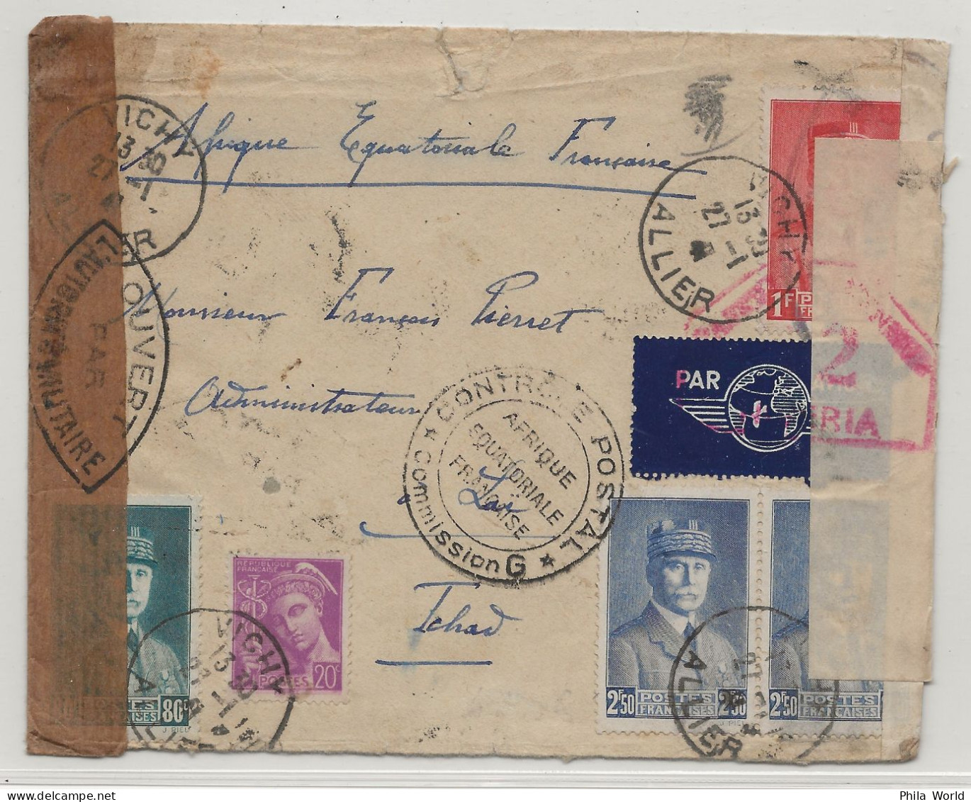 FRANCE WW2 1941 Lettre Avion VICHY Allier Aff PETAIN MERCURE > PIERRET FFL AEF Tchad Contrôle Postal Via NIGERIA Censure - Lettres & Documents