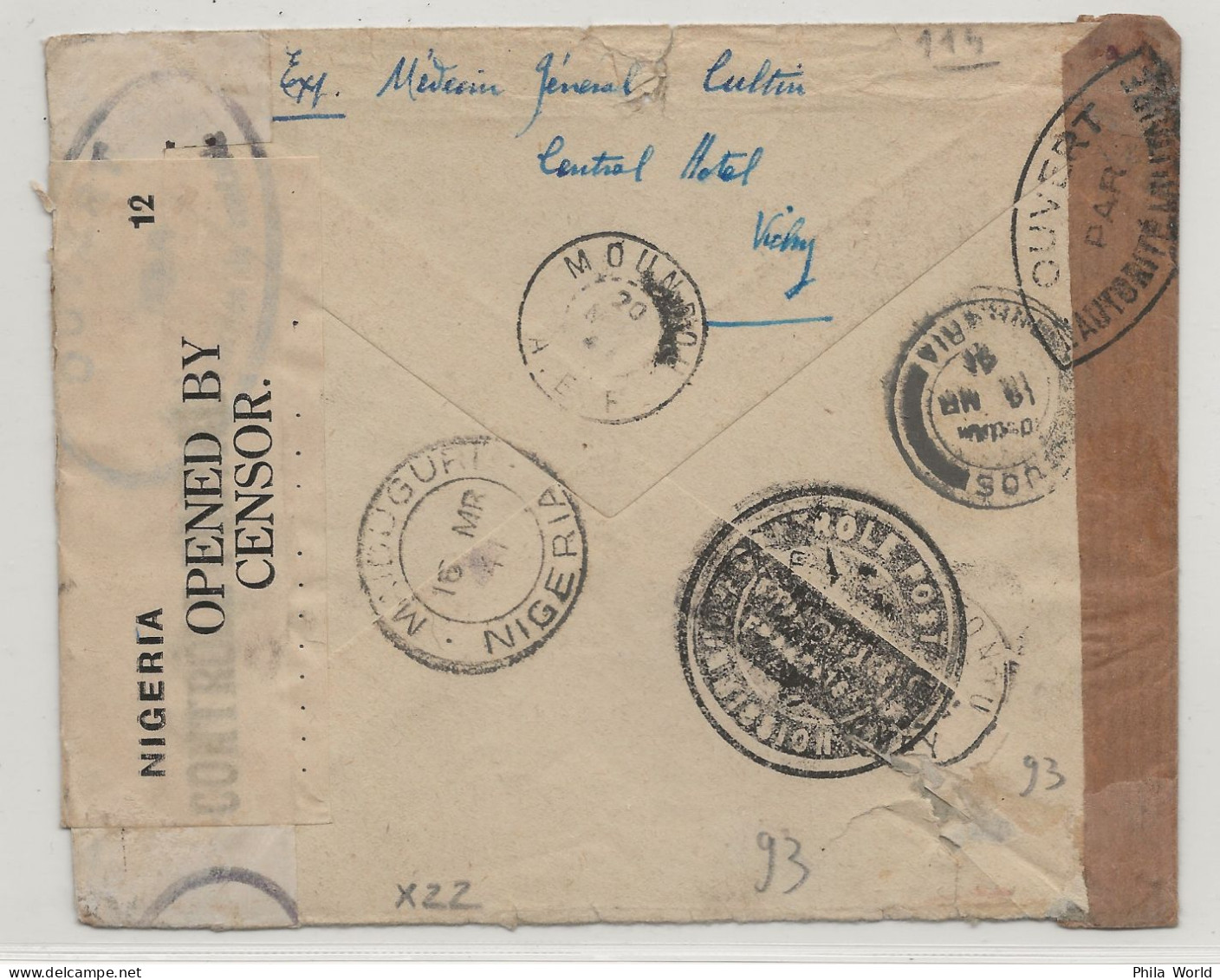 FRANCE WW2 1941 Lettre Avion VICHY Allier Aff PETAIN MERCURE > PIERRET FFL AEF Tchad Contrôle Postal Via NIGERIA Censure - Covers & Documents