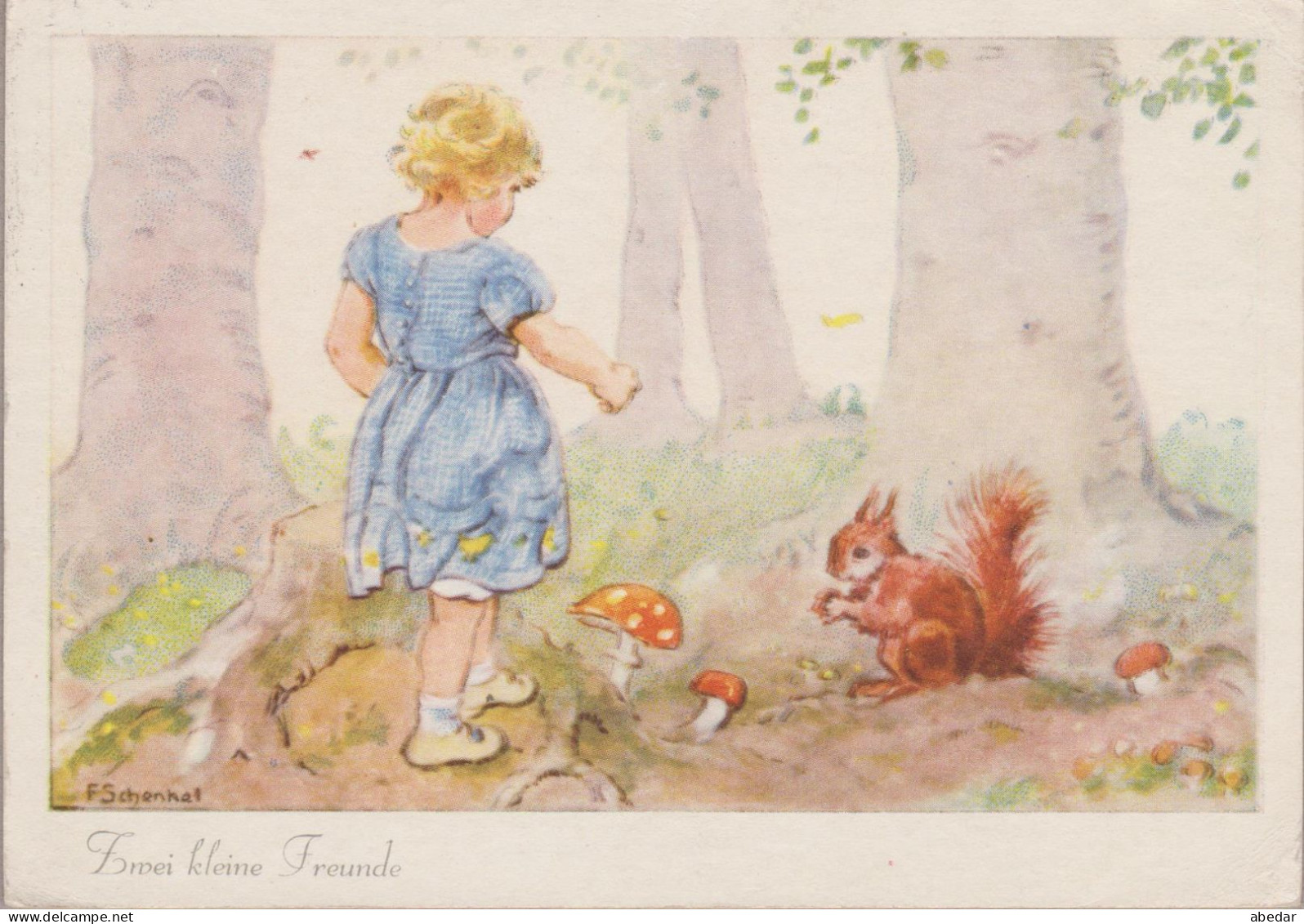 Squirrel Champignon Pilze Mushroom Girl  Fauna F.Schenkel Old PC. Cpa. 1936 - Hongos