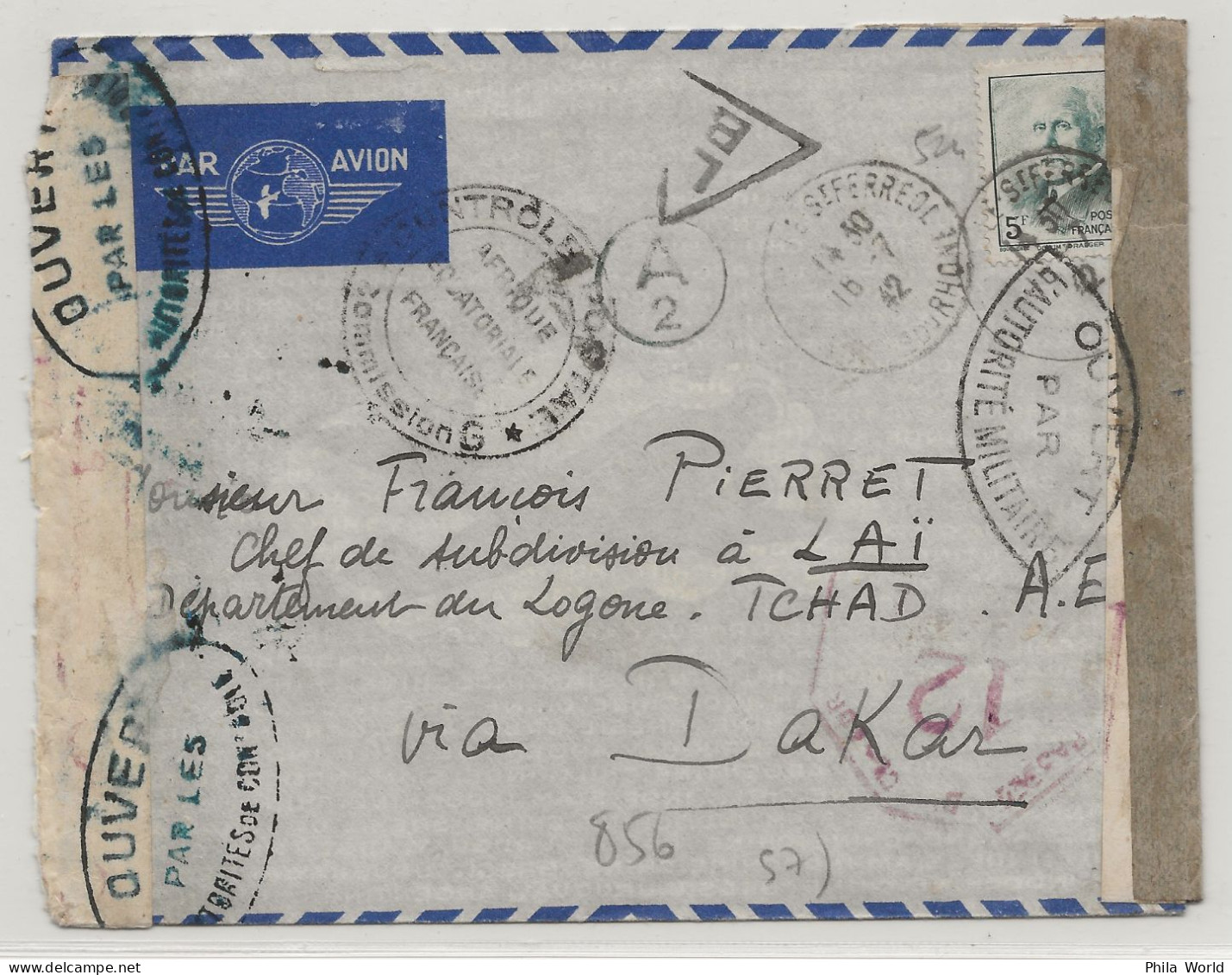 FRANCE WW2 1942 Lettre Avion Marseille Aff PETAIN > PIERRET FFL AEF Tchad Contrôle Postal DAKAR NIGERIA Censure Censor - Briefe U. Dokumente