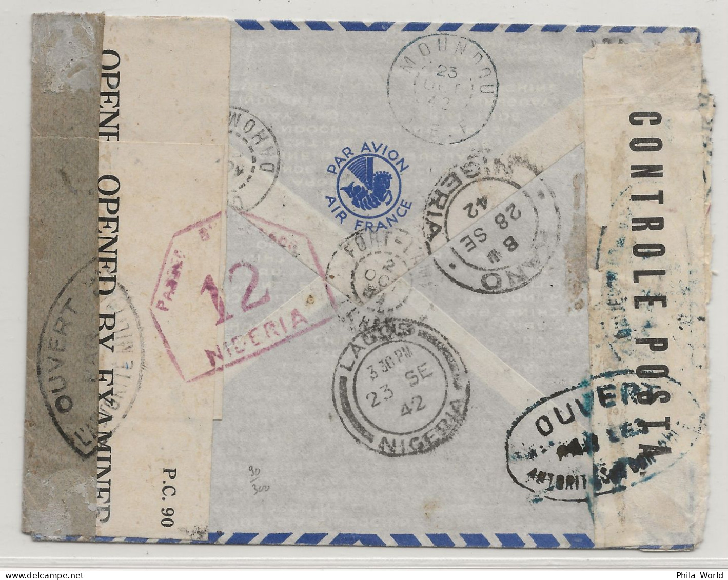 FRANCE WW2 1942 Lettre Avion Marseille Aff PETAIN > PIERRET FFL AEF Tchad Contrôle Postal DAKAR NIGERIA Censure Censor - Brieven En Documenten