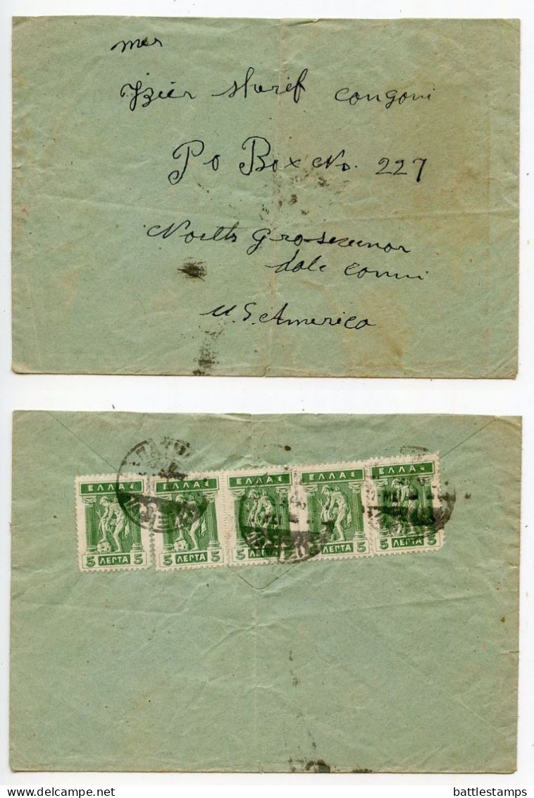 Greece 1910's Cover To North Grosvenor Dale, Connecticut; 5l. Hermes Stamps X 5 - Covers & Documents