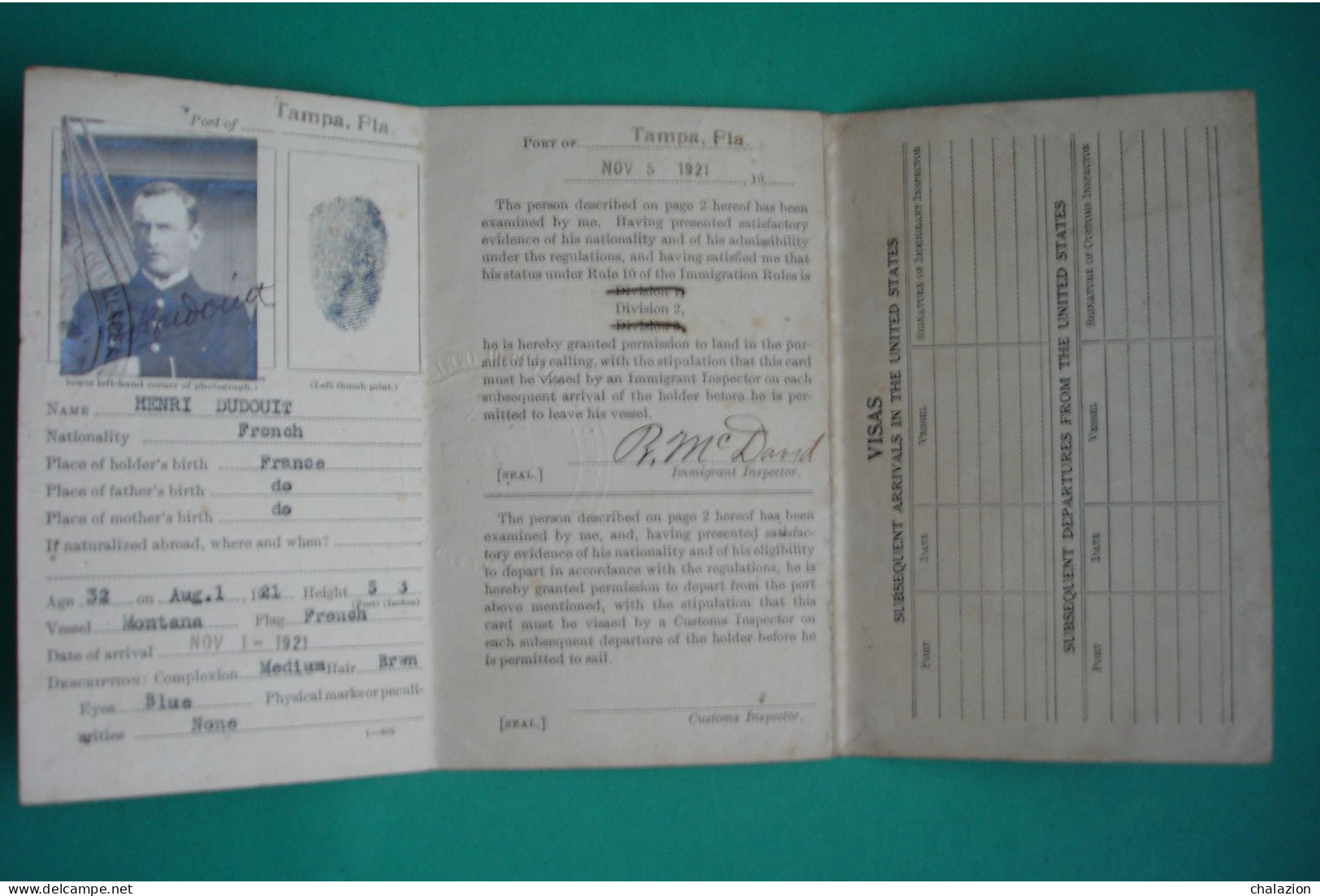 Marine Française Débarquement 1921 Aux états Unis Officier Marin NAVIRE MONTANA ALIEN SEAMAN'S IDENTIFICATION CARD - Bateaux
