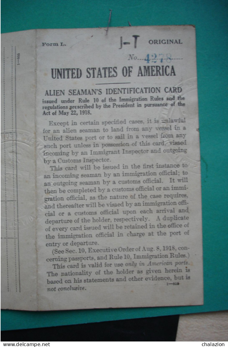 Marine Française Débarquement 1921 Aux états Unis Officier Marin NAVIRE MONTANA ALIEN SEAMAN'S IDENTIFICATION CARD - Schiffe