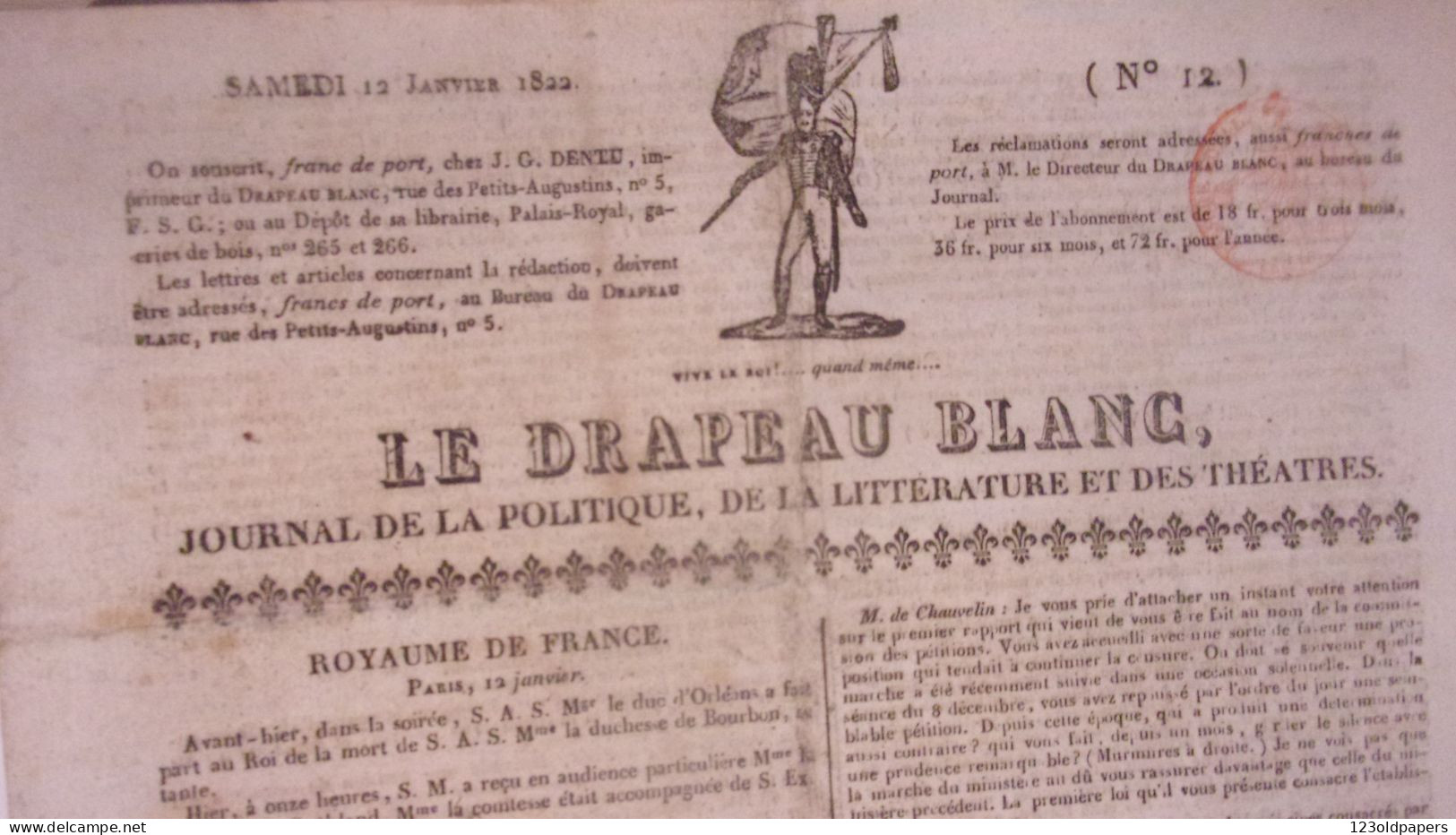 RARE 1822 LE DRAPEAU BLANC JOURNAL POLITIQUE LITTERATURE THEATRES N°12 DENTU DUC D ORLEANS DUCHESSE DE BOURBON - 1801-1900