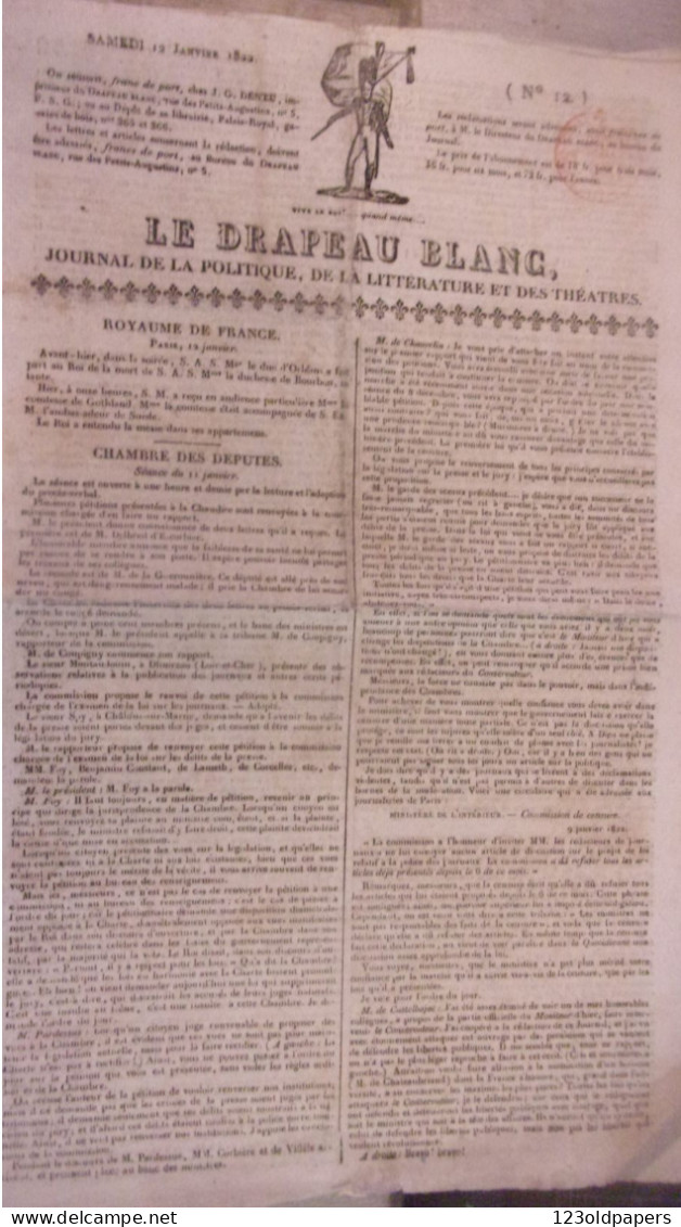 RARE 1822 LE DRAPEAU BLANC JOURNAL POLITIQUE LITTERATURE THEATRES N°12 DENTU DUC D ORLEANS DUCHESSE DE BOURBON - 1801-1900