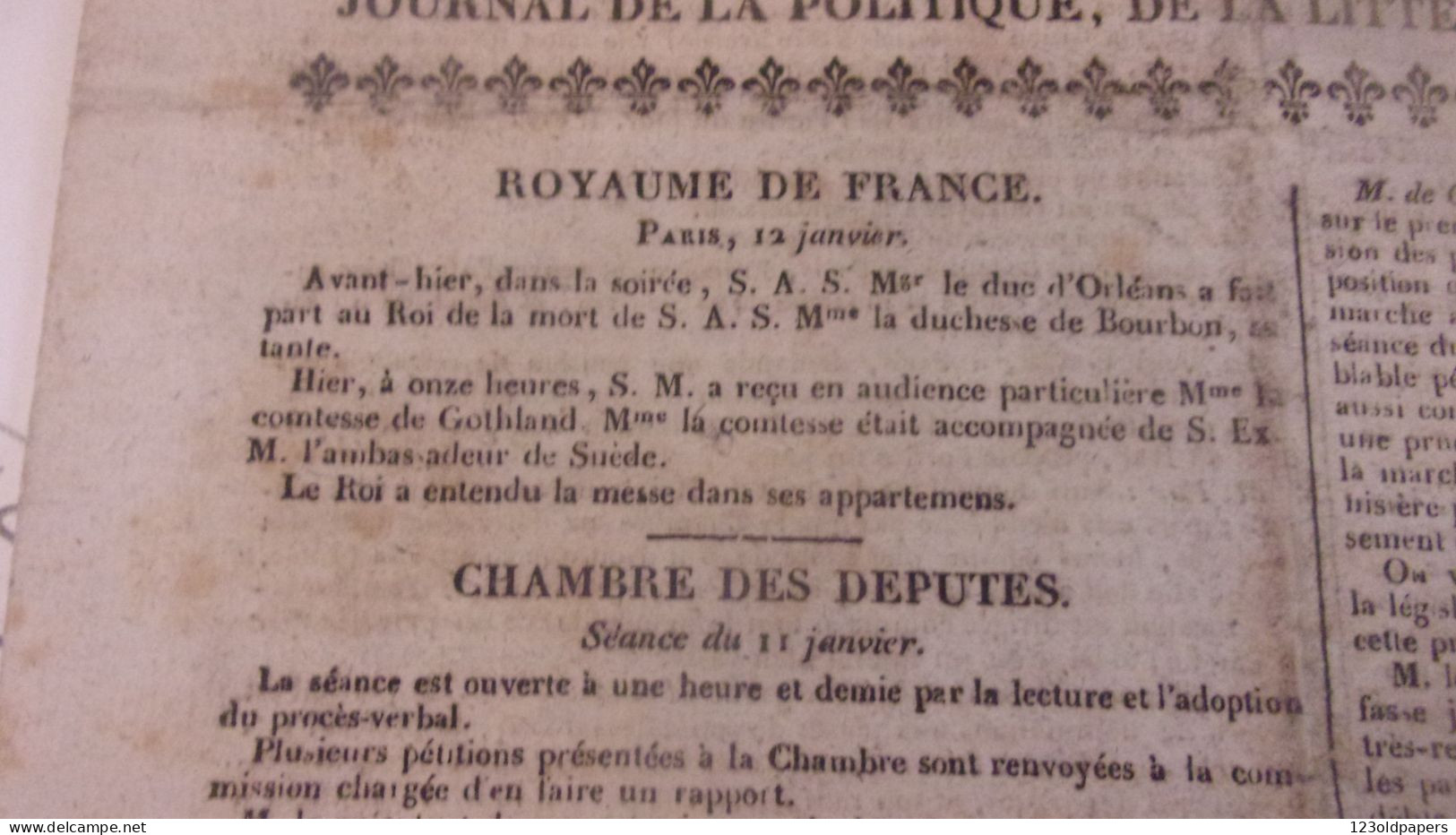 RARE 1822 LE DRAPEAU BLANC JOURNAL POLITIQUE LITTERATURE THEATRES N°12 DENTU DUC D ORLEANS DUCHESSE DE BOURBON - 1801-1900