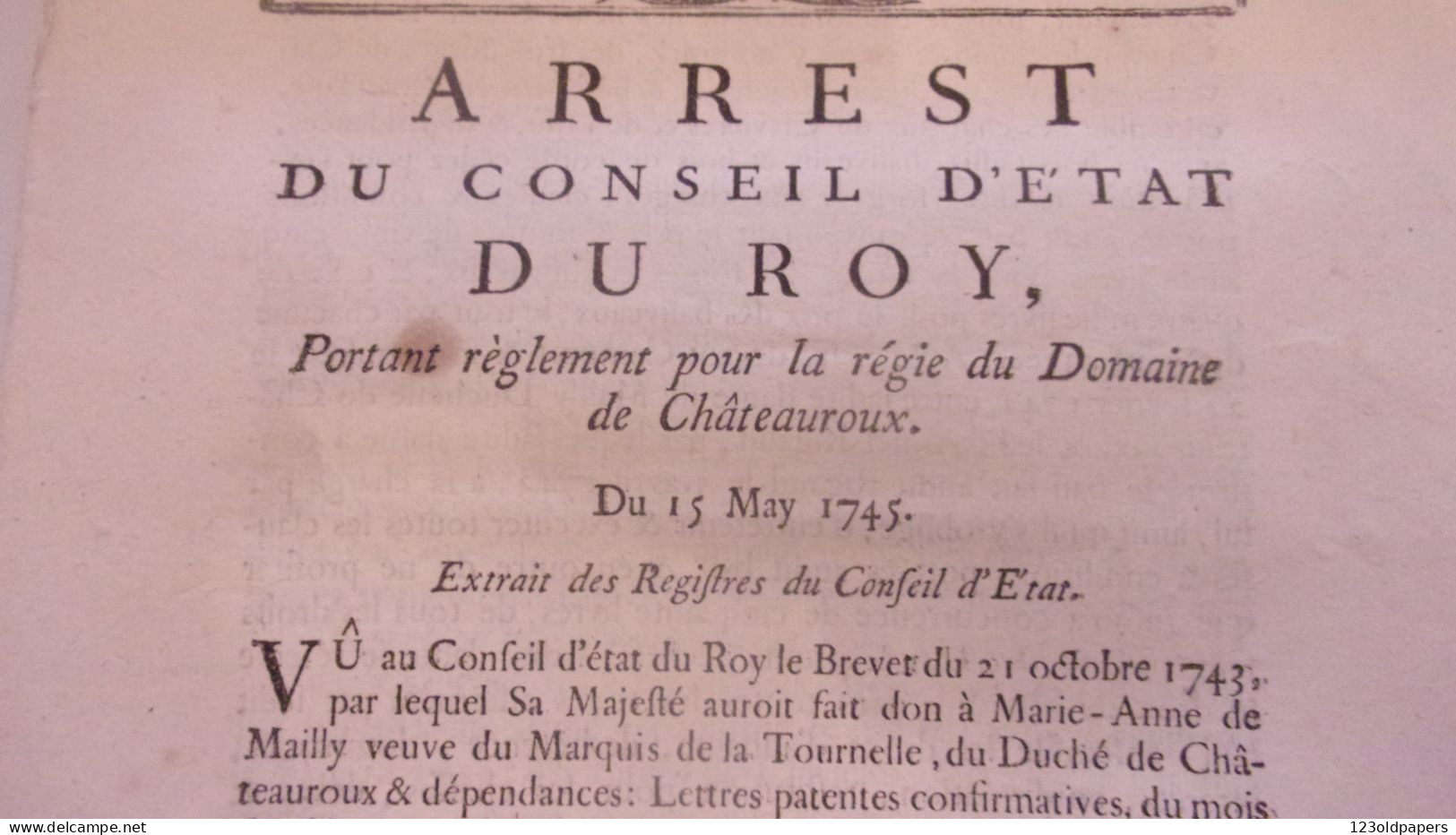 1745 BERRY INDRE CHATEAUROUX ARREST CONSEIL ETAT DU ROY PORTANT REGIE DU DOMAINE DE CHATEAUROUX - Documentos Históricos
