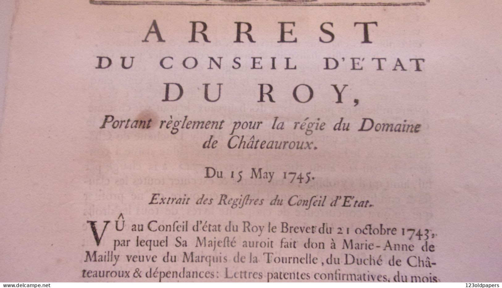 1745 BERRY INDRE CHATEAUROUX ARREST CONSEIL ETAT DU ROY PORTANT REGIE DU DOMAINE DE CHATEAUROUX - Historische Dokumente