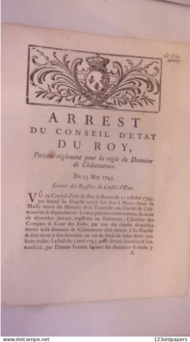 1745 BERRY INDRE CHATEAUROUX ARREST CONSEIL ETAT DU ROY PORTANT REGIE DU DOMAINE DE CHATEAUROUX - Documents Historiques